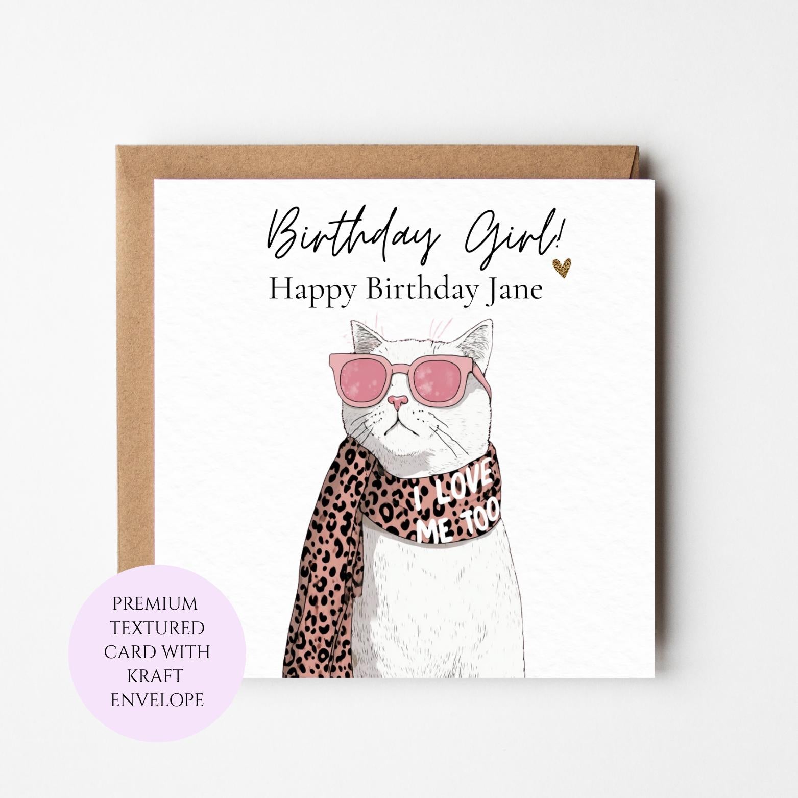 Birthday Girl Card, Fashion Cat, Pink Sunglasses, Leopard Print Scarf, Cat Lover Gift