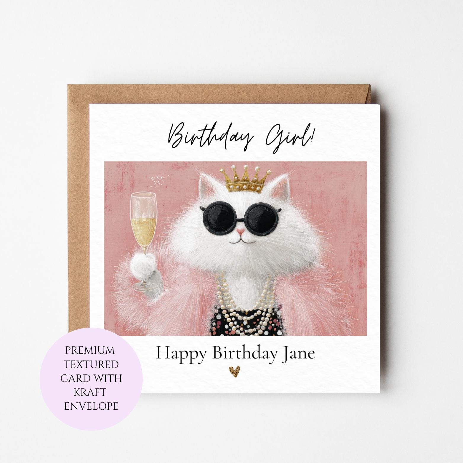 Glam Queen Birthday Card, White Cat with Crown and Champagne, Birthday Girl Gift