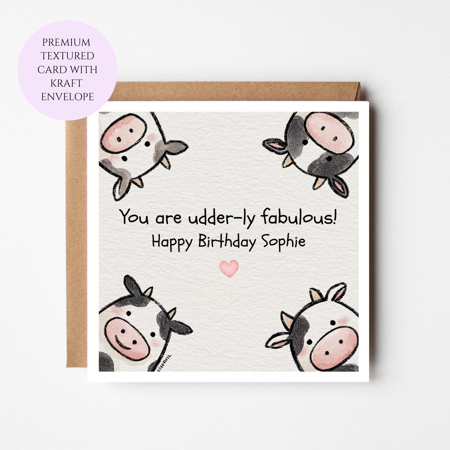 Udderly Birthday Card, Funny Cow Greeting, Animal Pun Card, Kraft Envelope