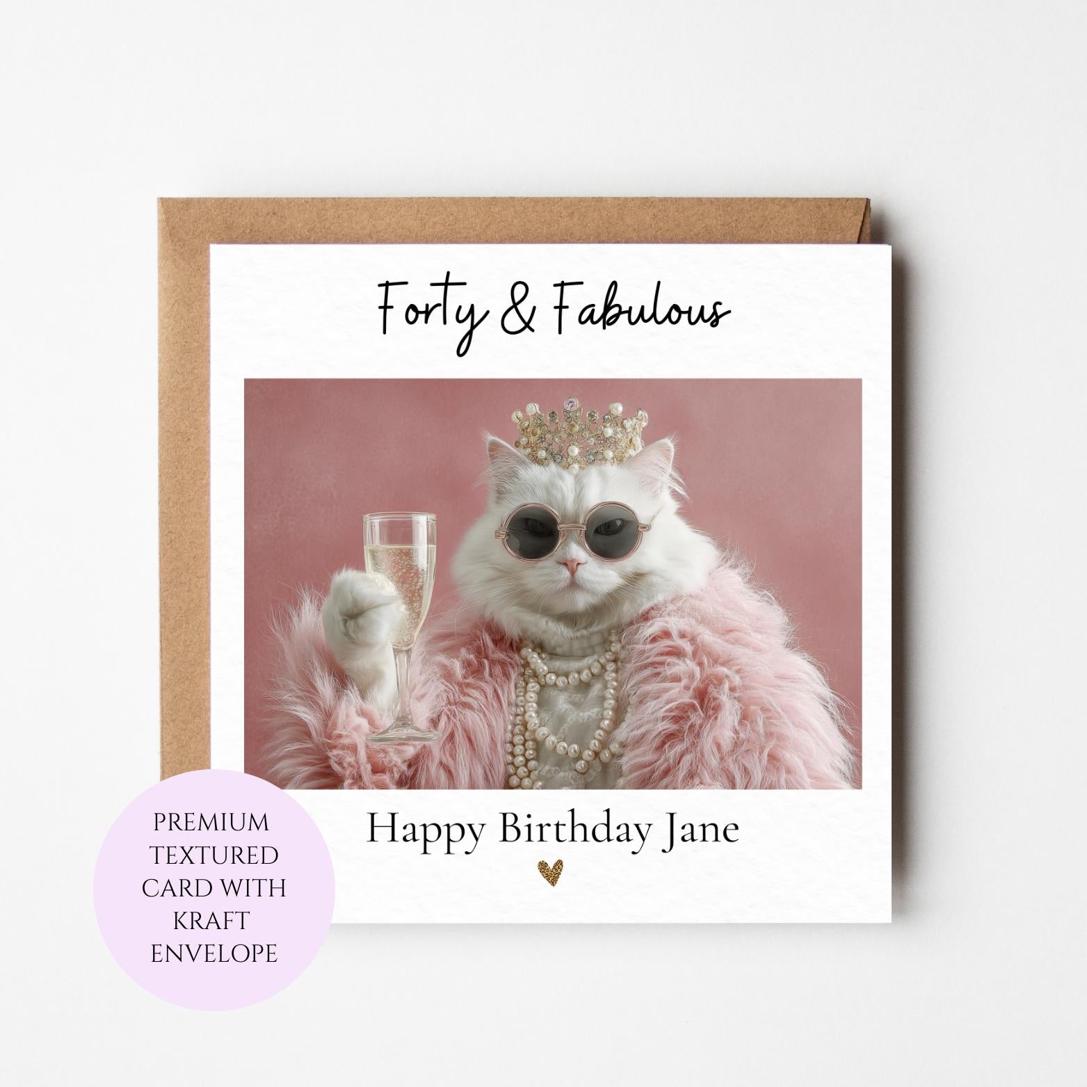 Glamorous Cat Forty Birthday Card, Feline Champagne Lover (Card with Envelope)