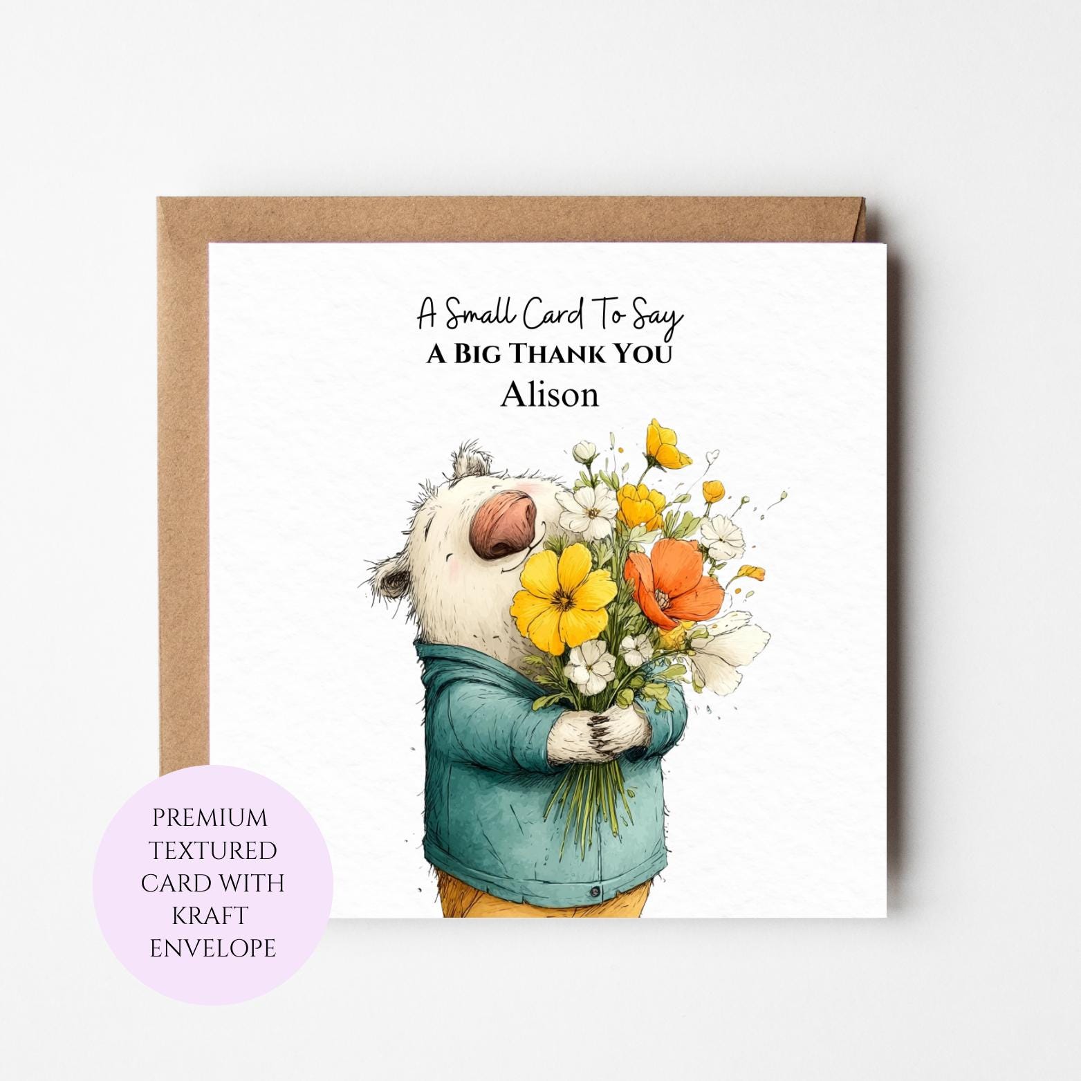 Personalised Animal Thank You Card with Flowers, Kraft Envelope