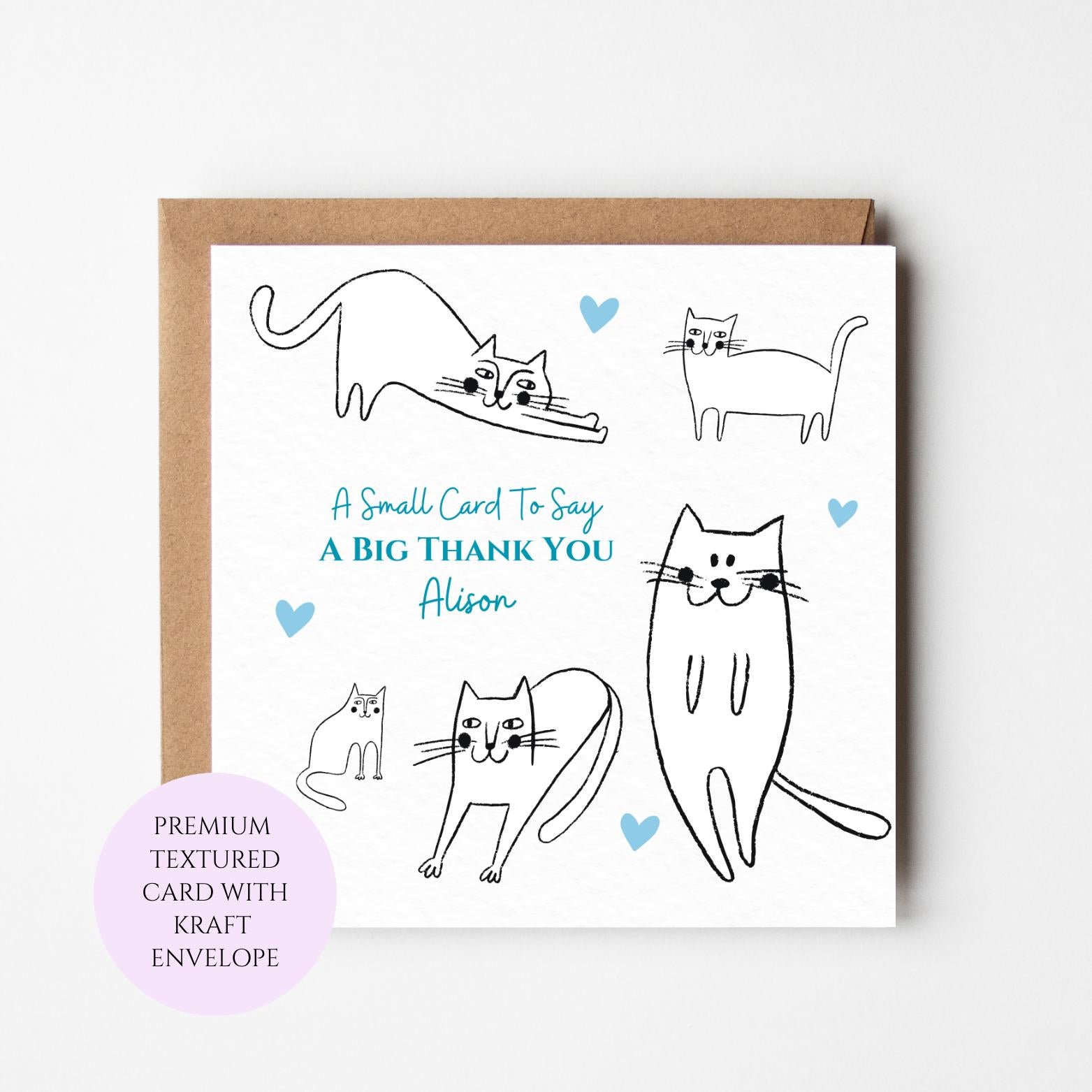 Personalised Whimsical Cat Thank You Card, Colourful Sketch Art, Animal Stationery