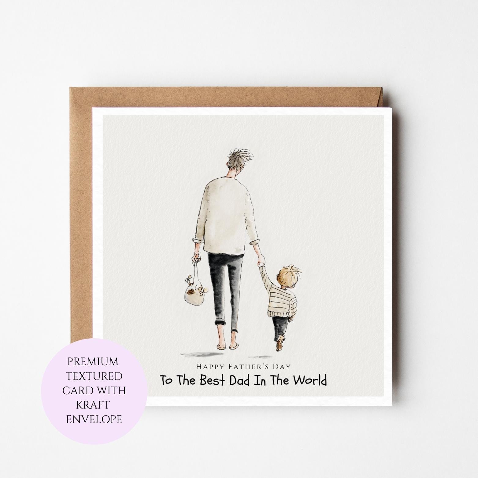 Fathers Day Card, Dad Child Walking, Sentimental Minimalist Design, Textured Card (Kraft Envelope)
