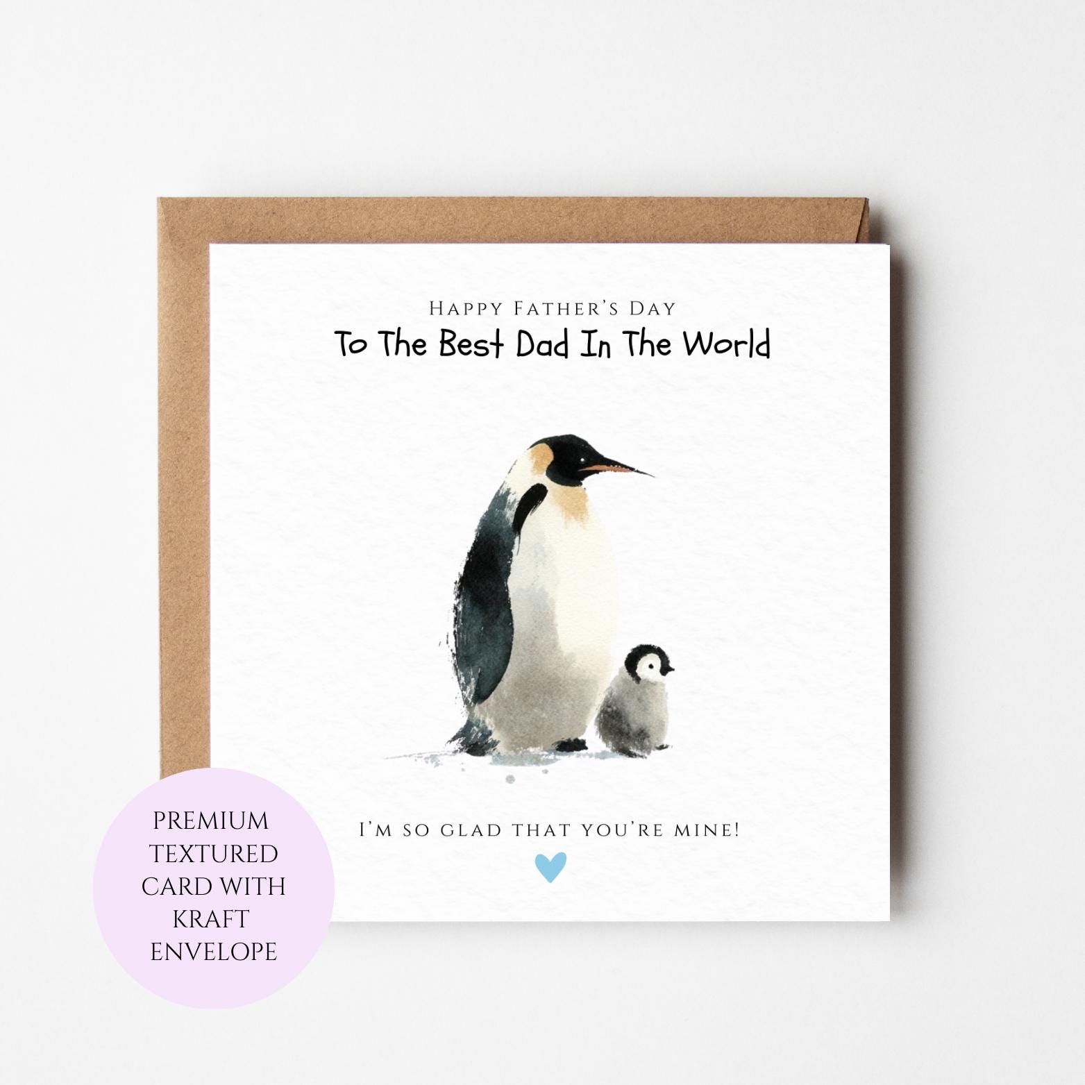 Penguin Dad and Baby Fathers Day Card, Animal Illustration, Textured Card (Kraft Envelope)