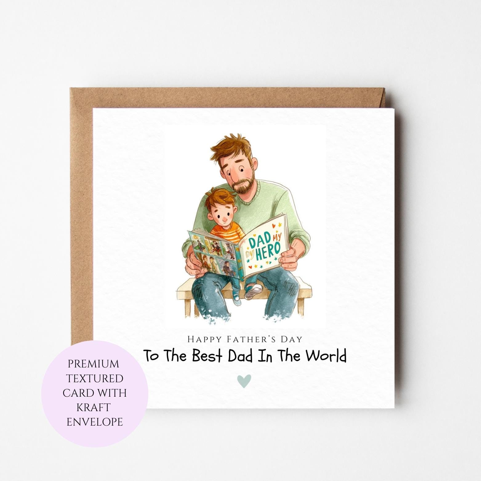 Fathers Day Card, Dad Reading With Child, Storytime Illustration, Kraft Envelope