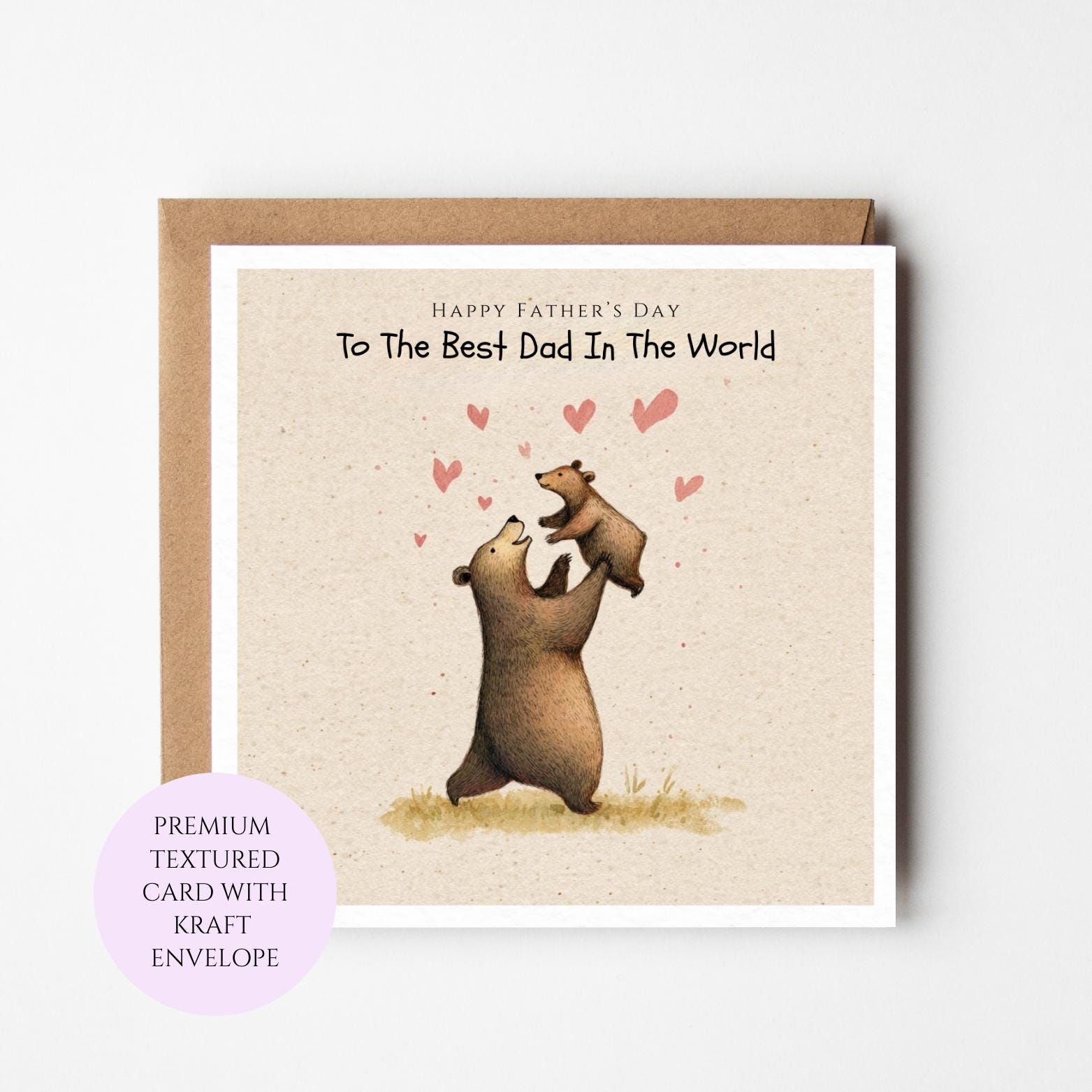 Bear Dad and Baby Hearts Fathers Day Card, Textured Card Kraft Envelope