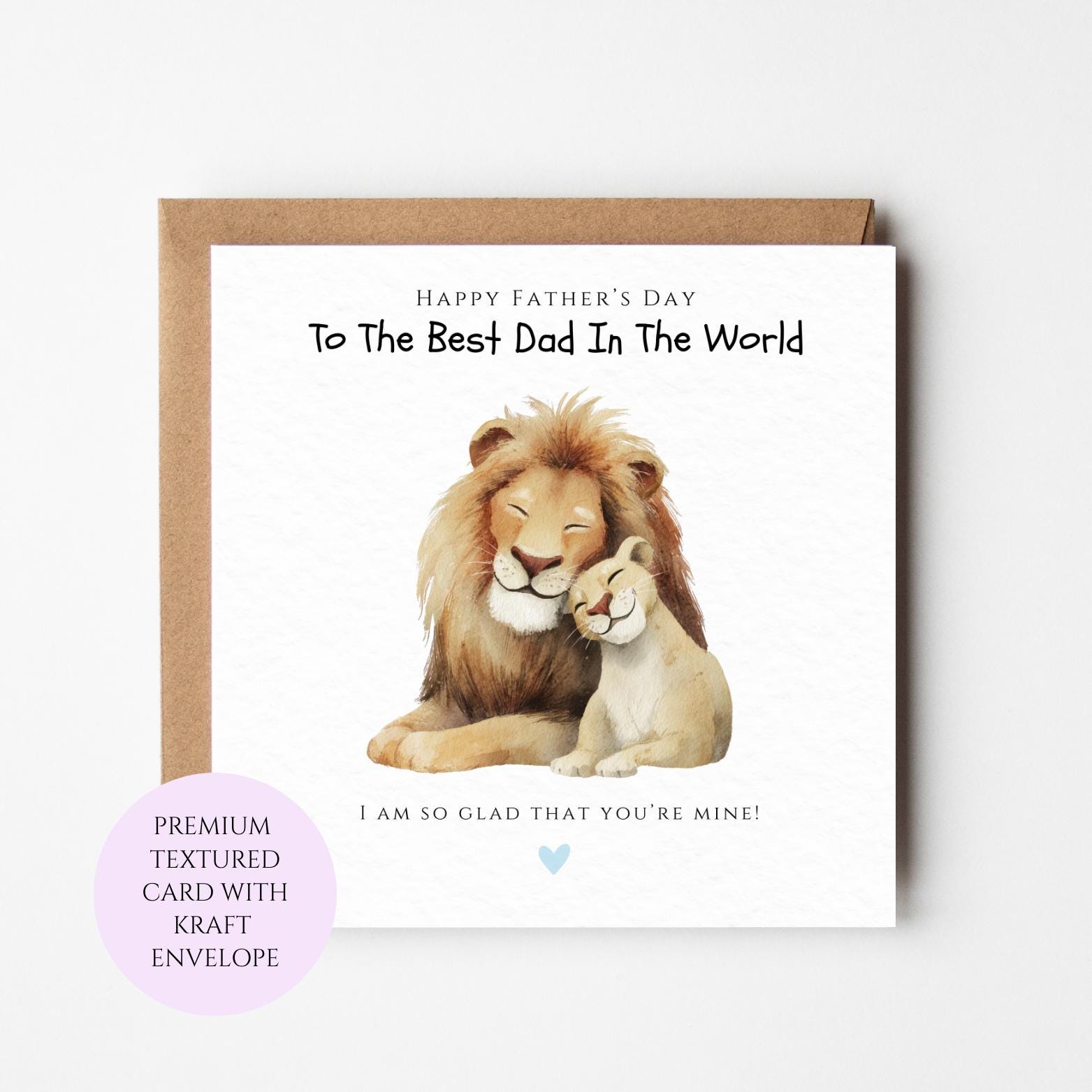 Lion Family Fathers Day Card, Animal Dad Illustration, Textured Card Kraft Envelope