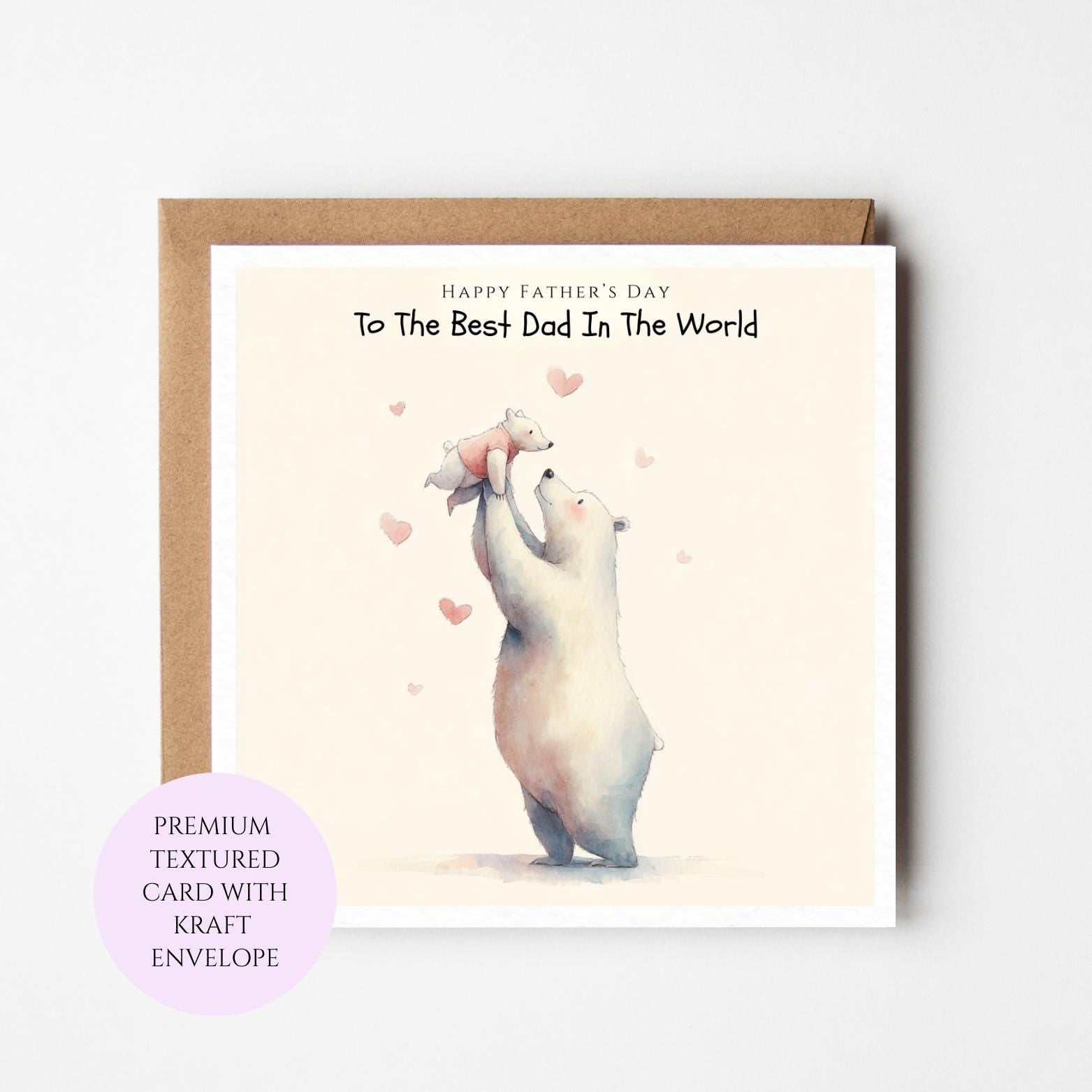 Polar Bear Dad Baby Fathers Day Card, Heartwarming Animal Illustration, Textured Card Kraft Envelope