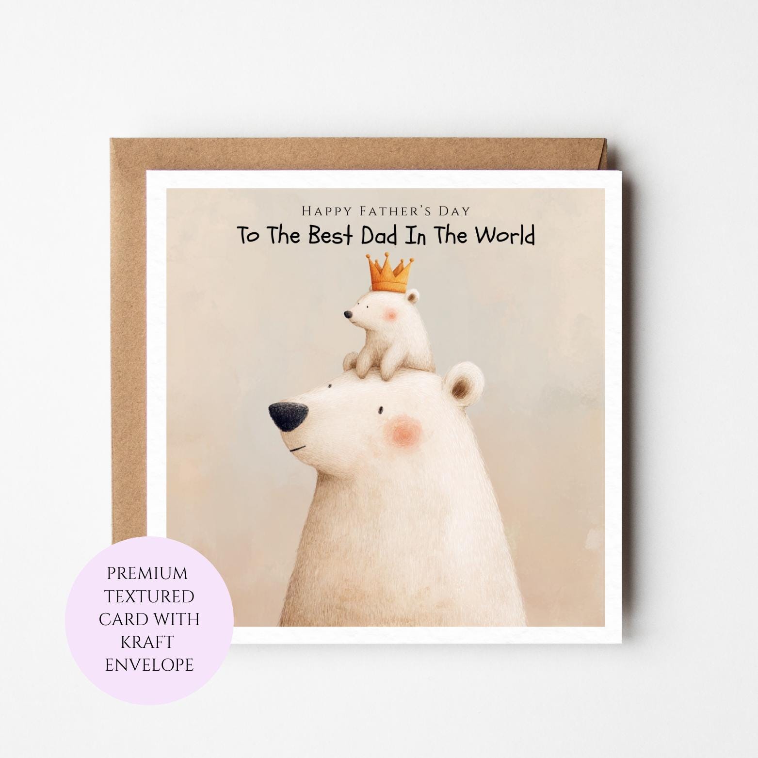 Father's Day Card, Polar Bear Baby Crown, Textured Card Kraft Envelope