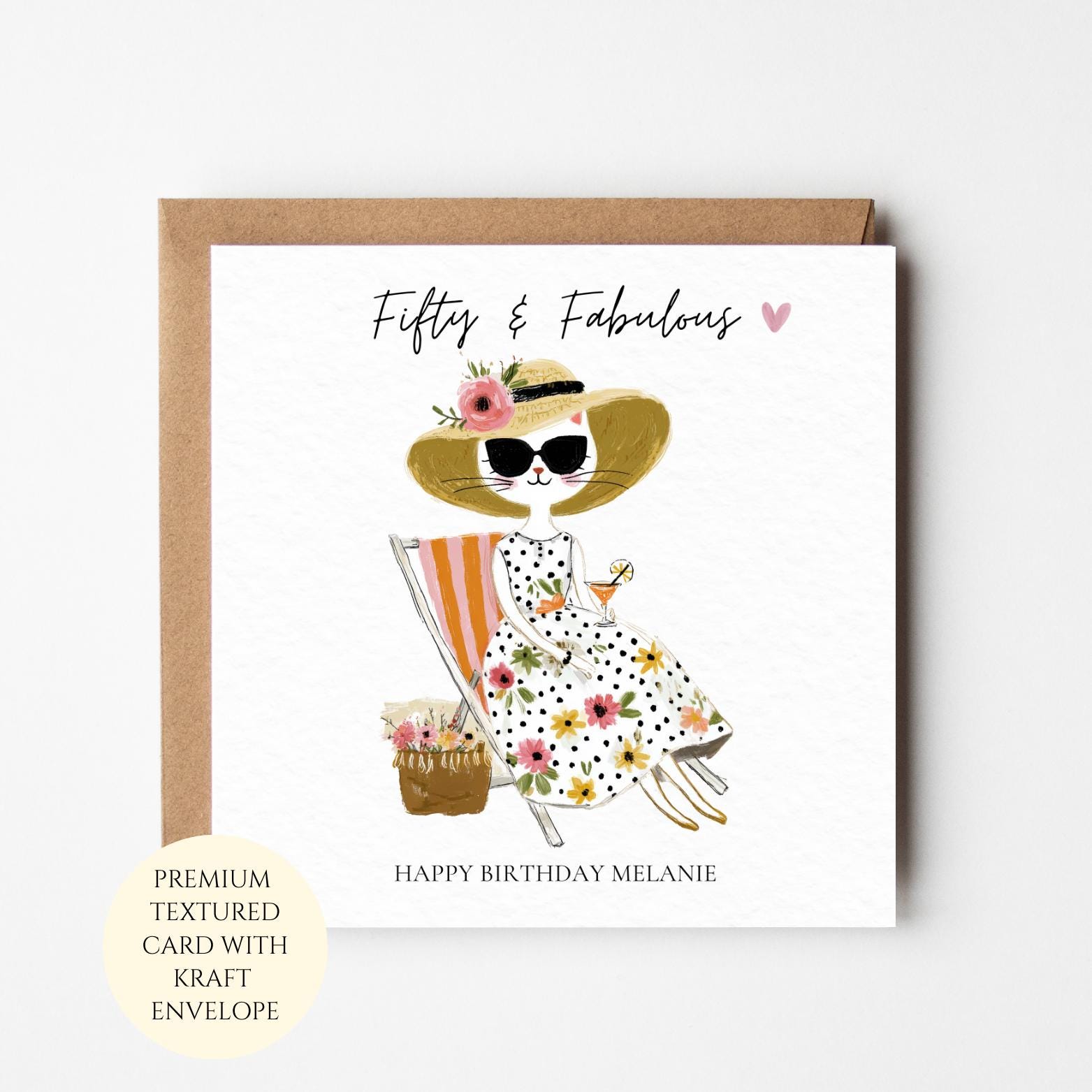 50th Birthday Card, Cat Illustration, For Her, Milestone Celebration