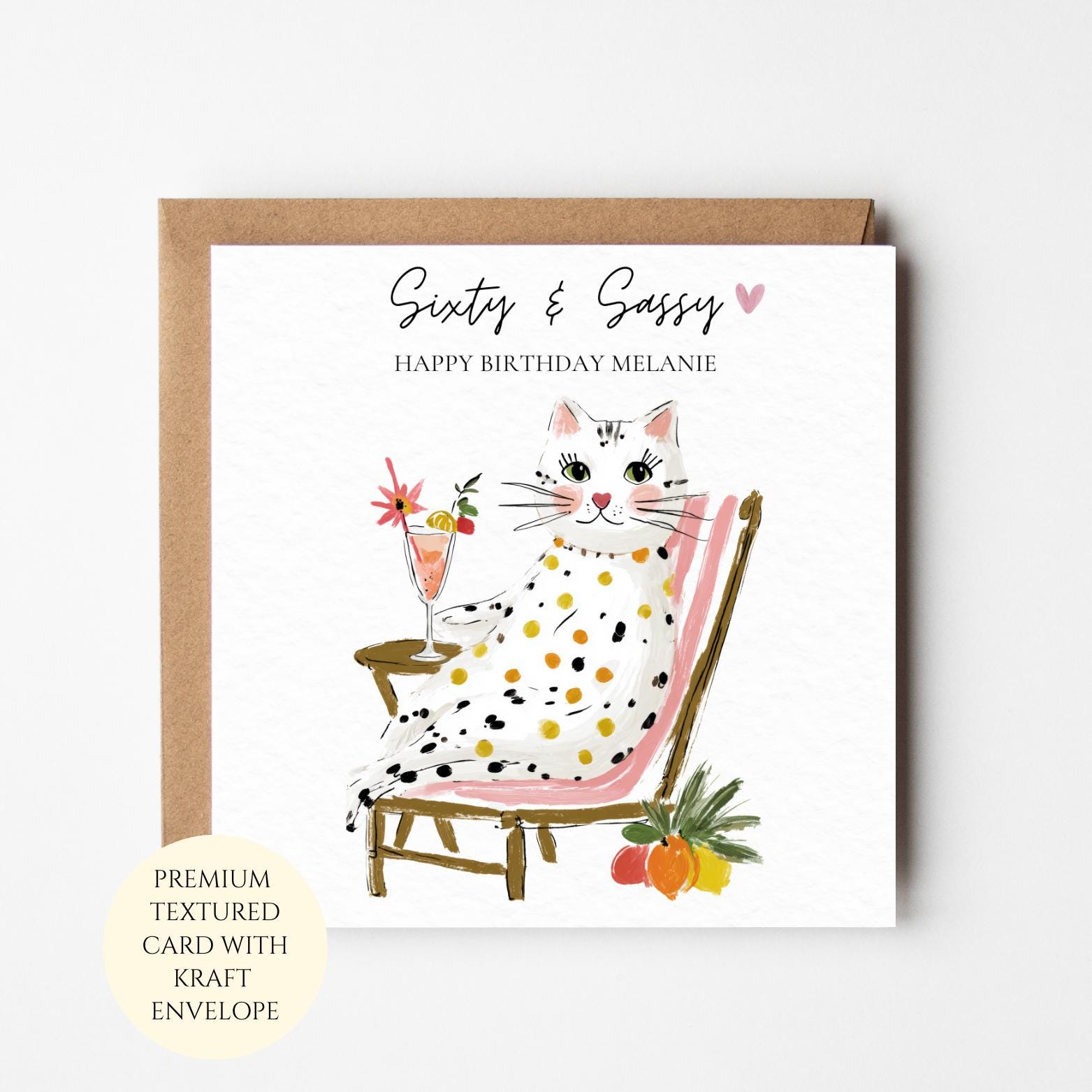 Sixty And Sassy Cat Birthday Card For Her, Milestone Celebration Card