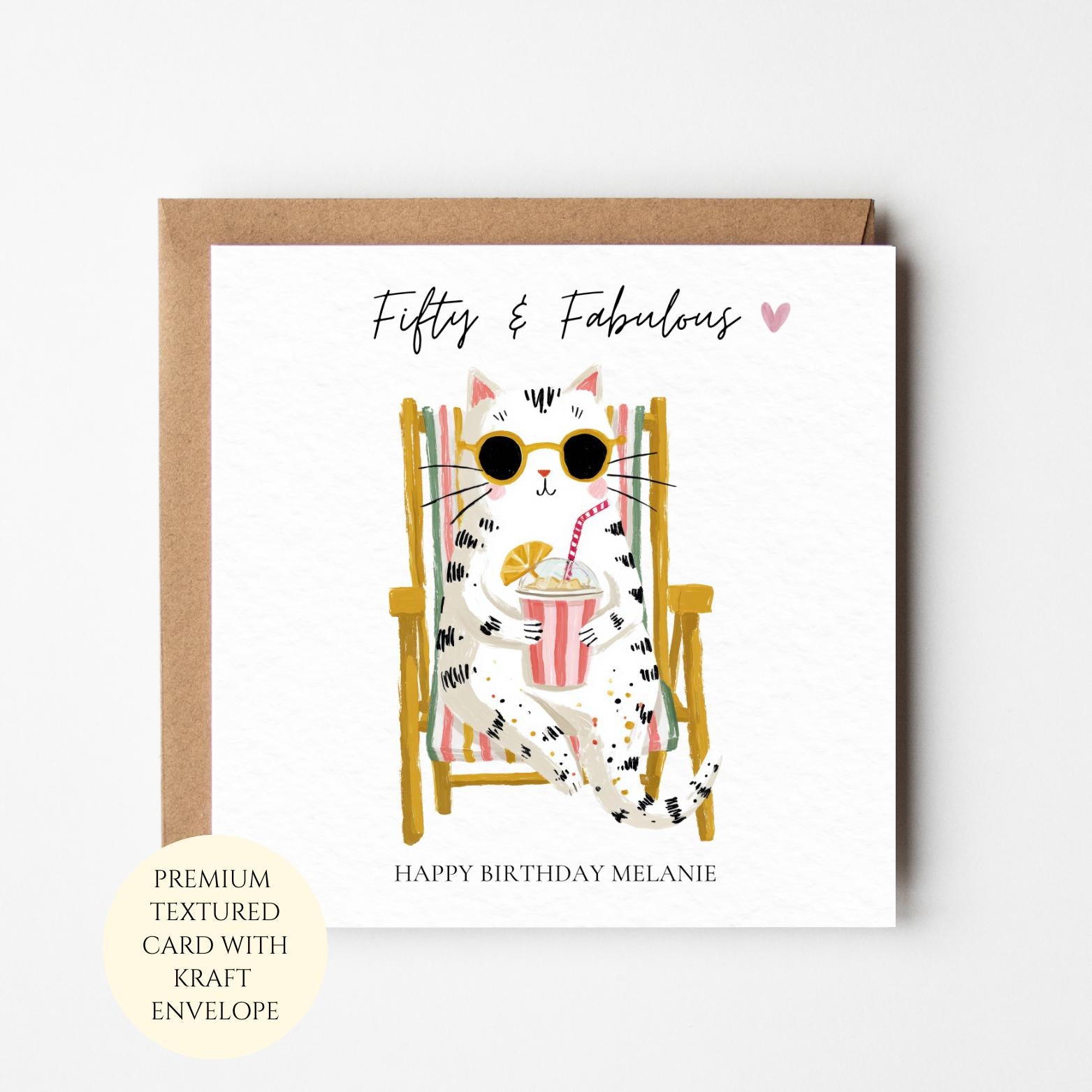 50th Birthday Card, Cat Lover, Fifty, Whimsical Feline Illustration