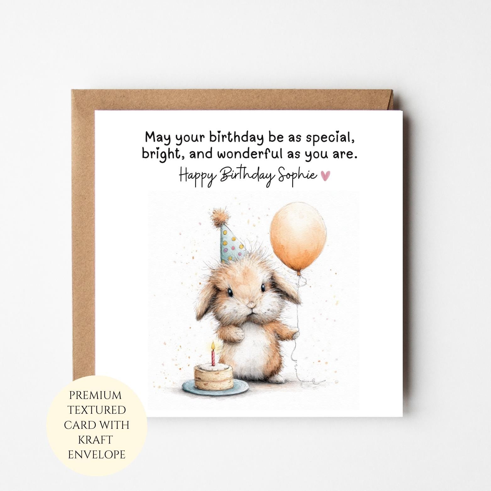 Personalised Bunny Birthday Card with Balloon, Whimsical Animal Greeting