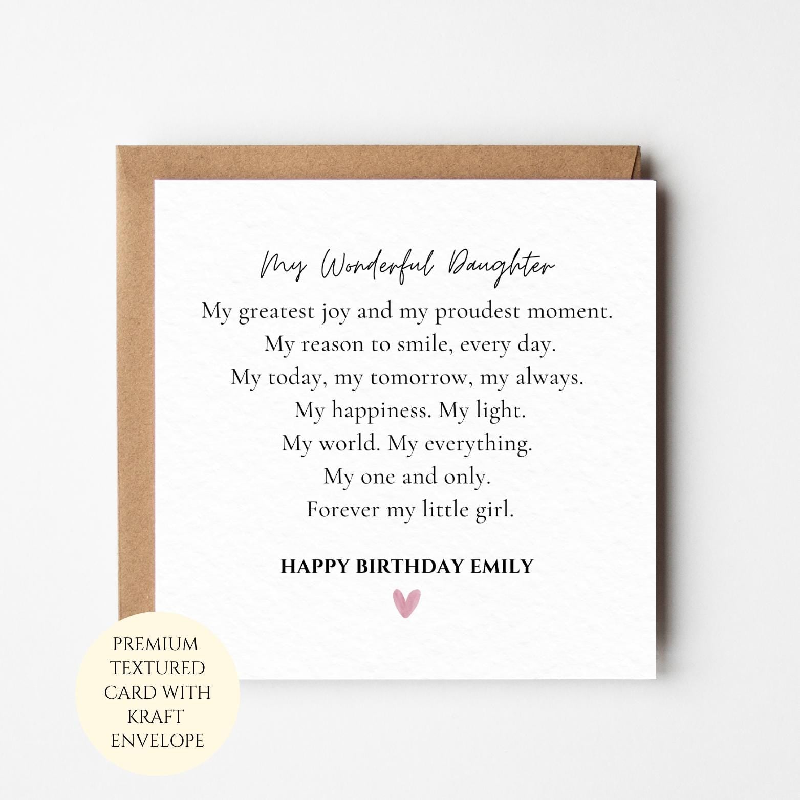 Personalised Daughter Birthday Card: Heartfelt Poem, Kraft Envelope