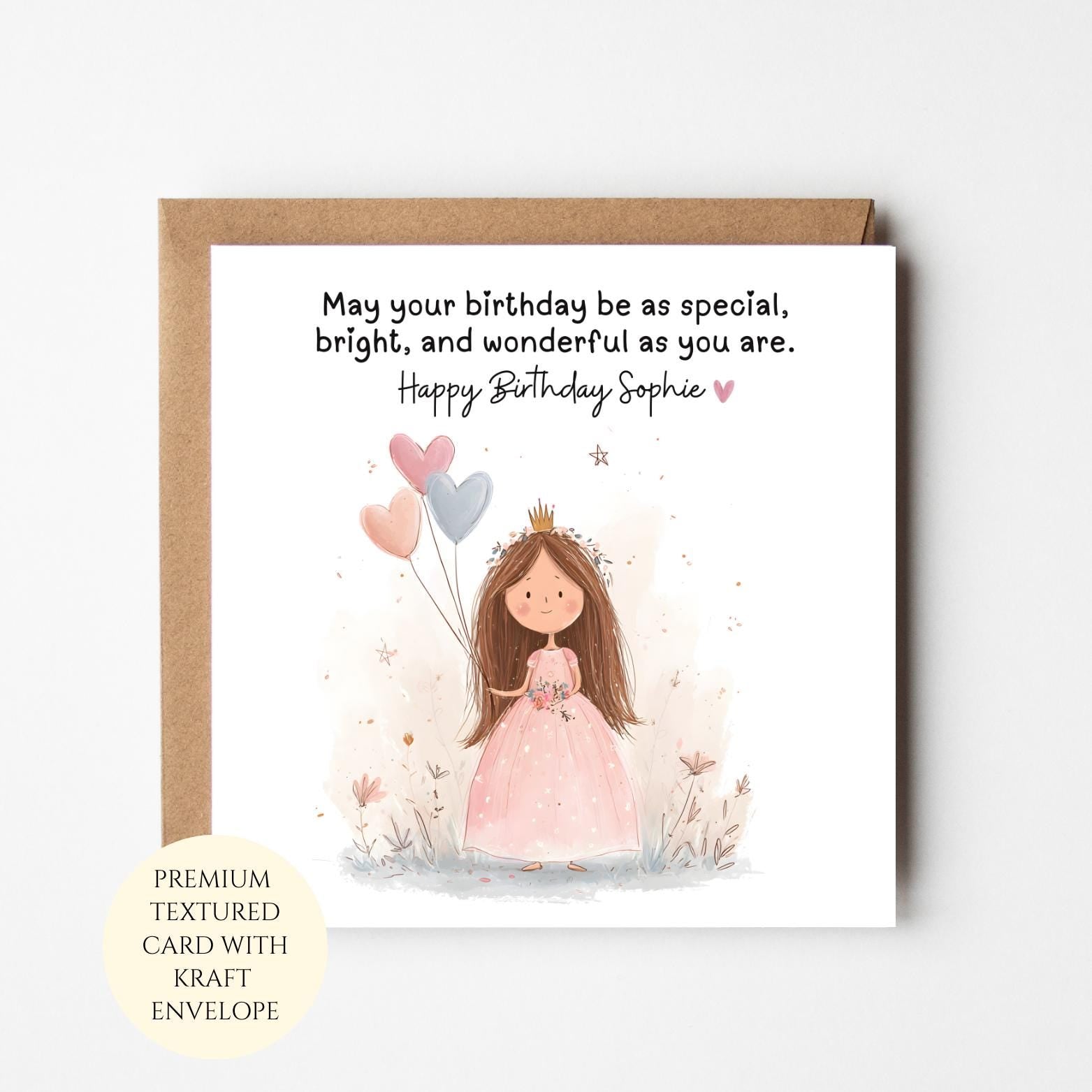 Personalised Princess Birthday Card For Girl, Whimsical Princess Theme, Kraft Envelope