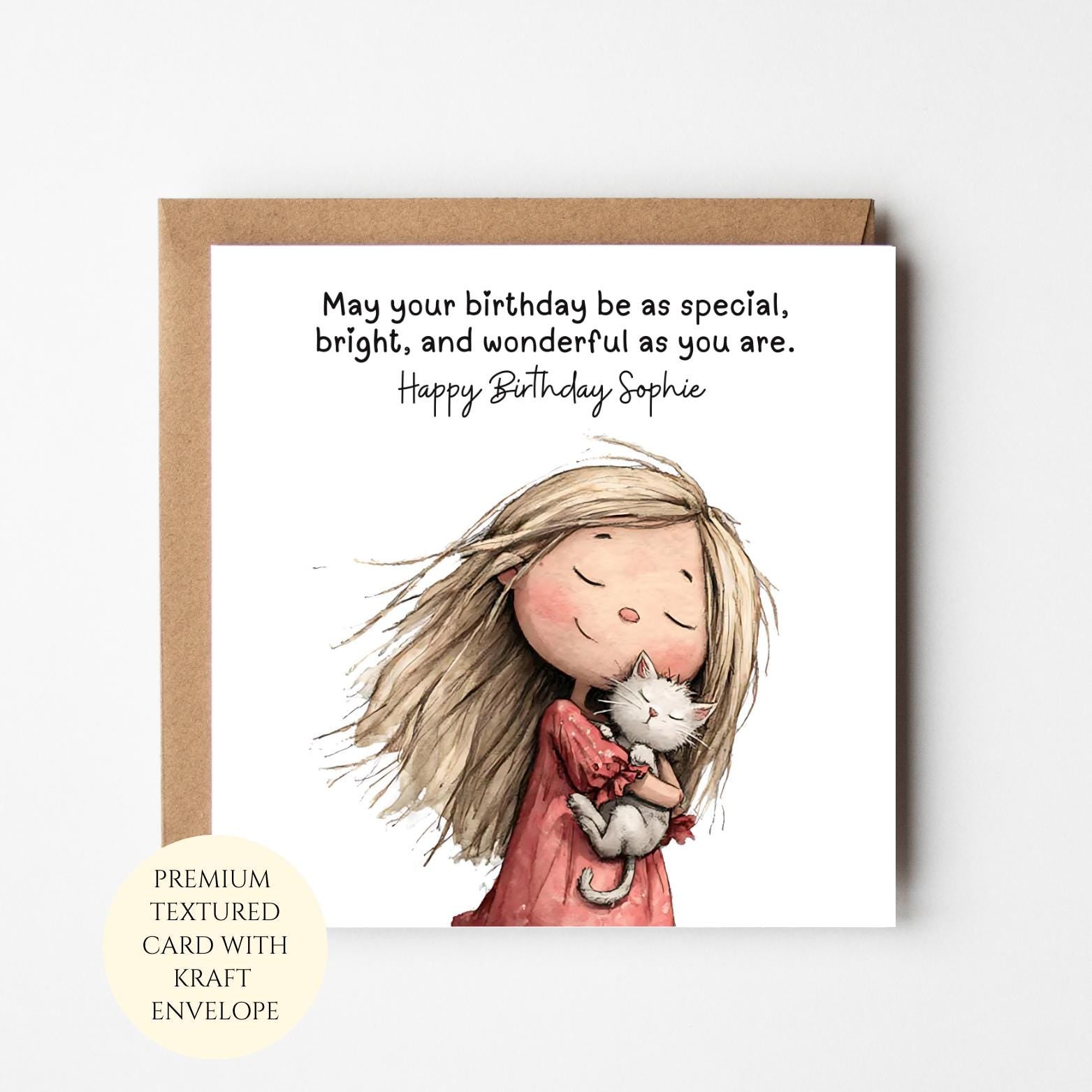 Personalised Girl Holding Cat Birthday Card – Cat Lover Greeting (5x7 Inch)