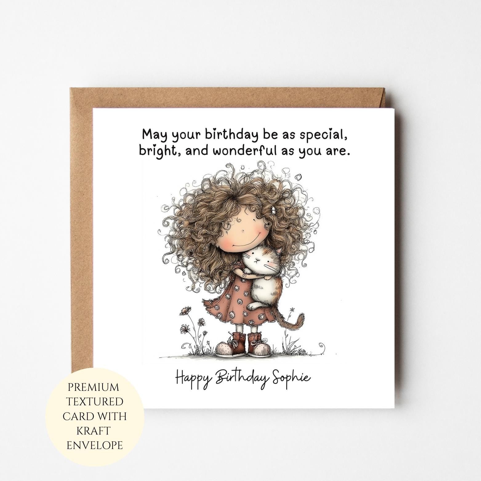 Girl Holding Cat Birthday Card: Whimsical Illustration, Lover Greeting (Textured Card)