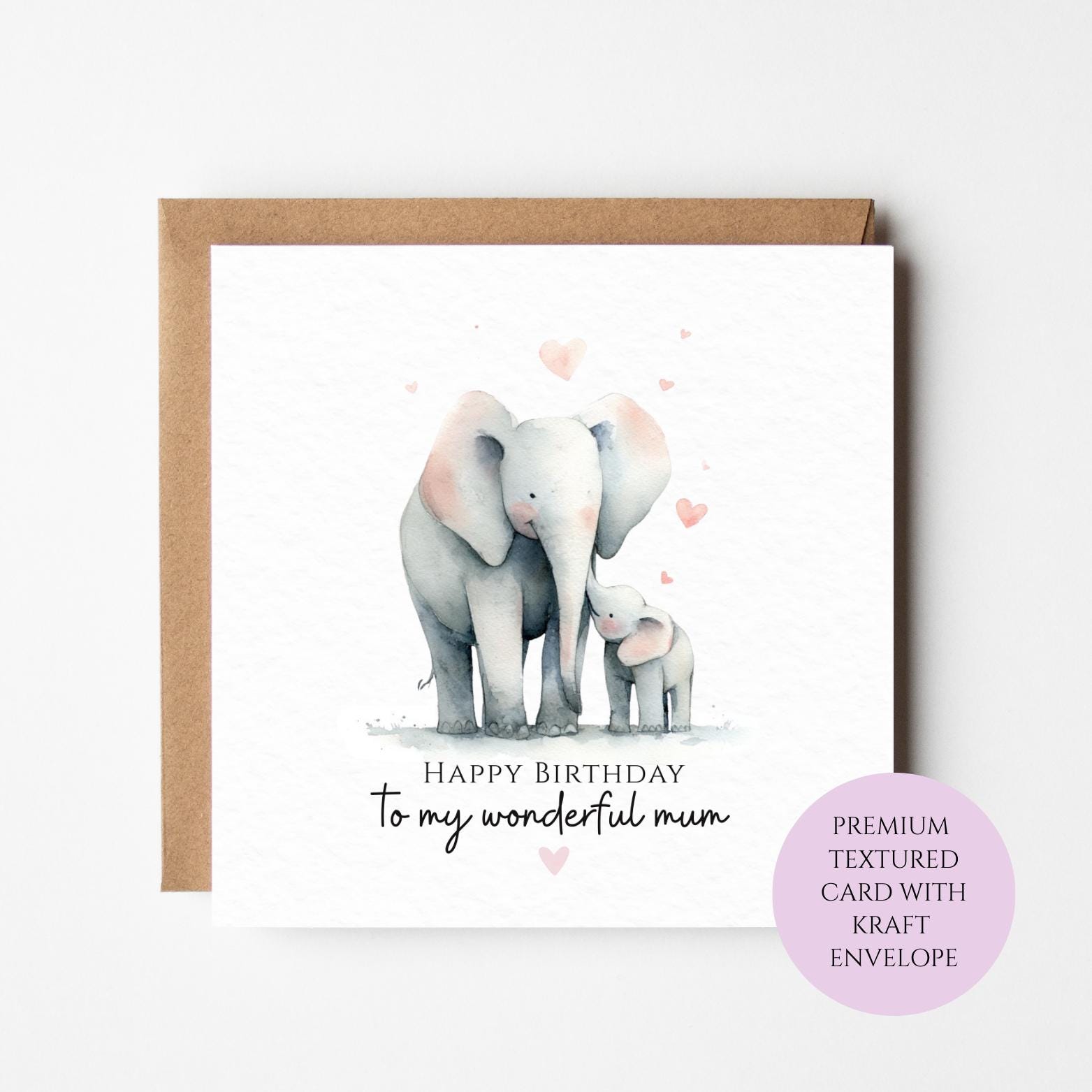Elephant Mum Birthday Card, Watercolor Animal Art (With Calf Illustration)