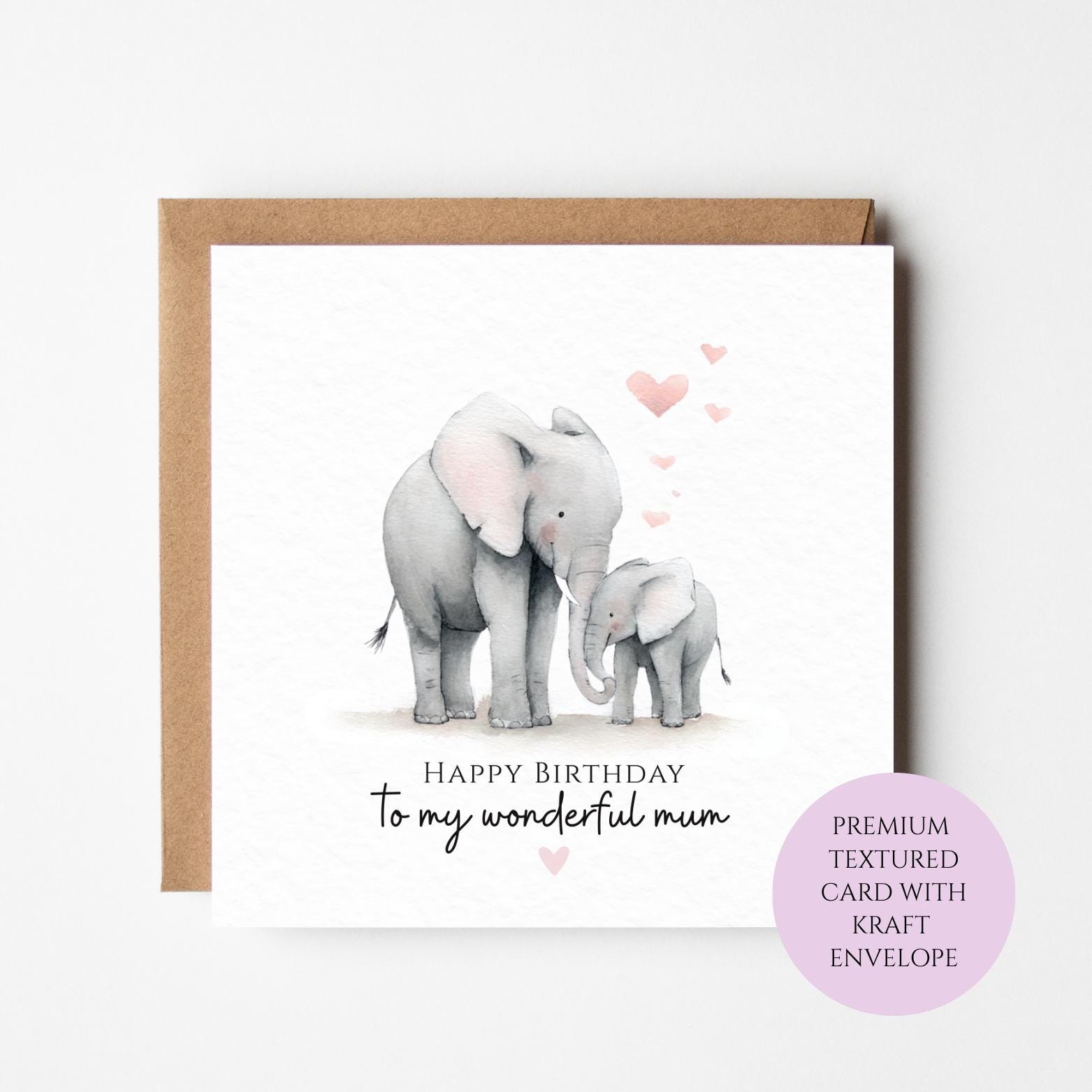 Elephant Birthday Card for Mum - Adorable Family with Heart Details