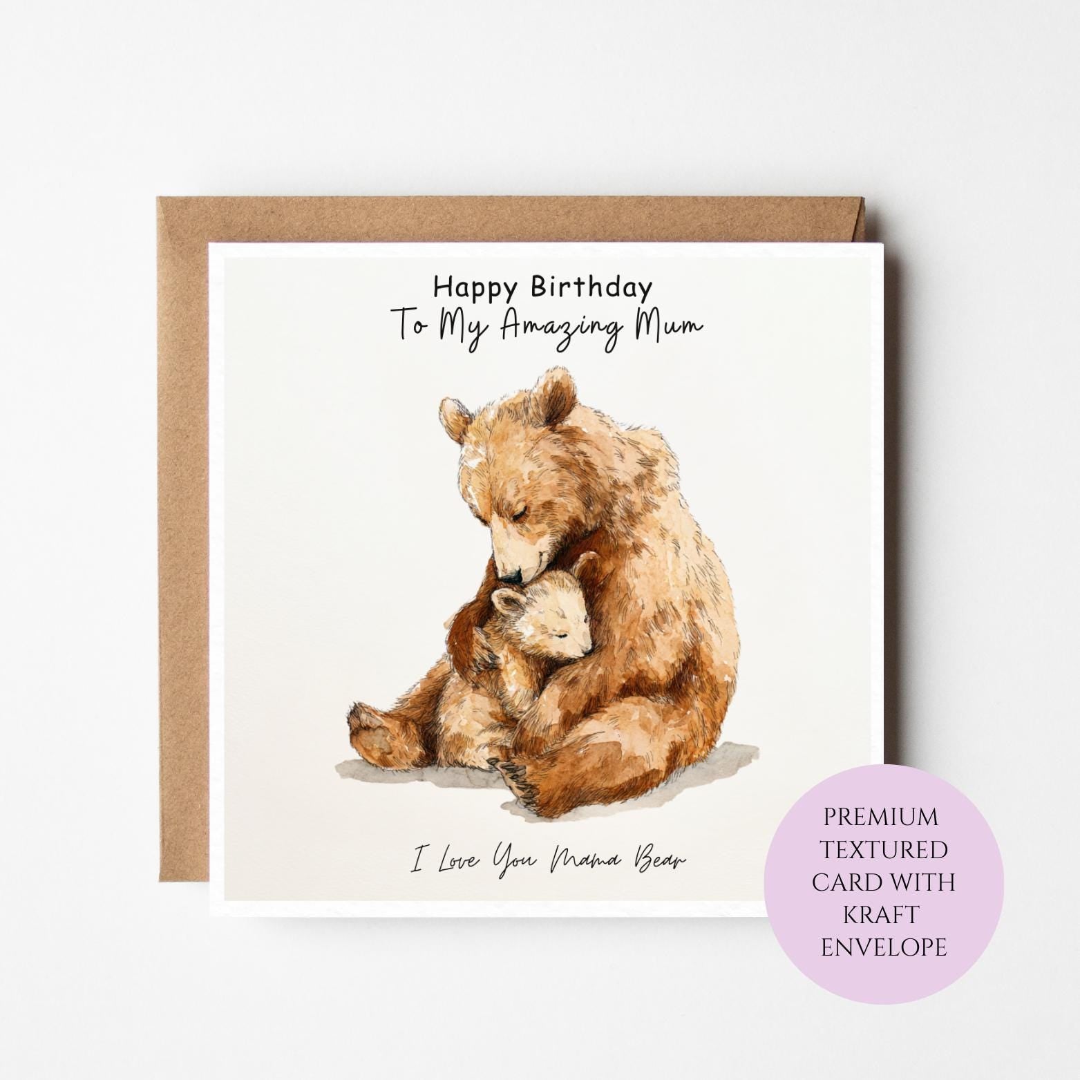 Mum Birthday Card, Watercolor Bear and Cub (Blank Inside)