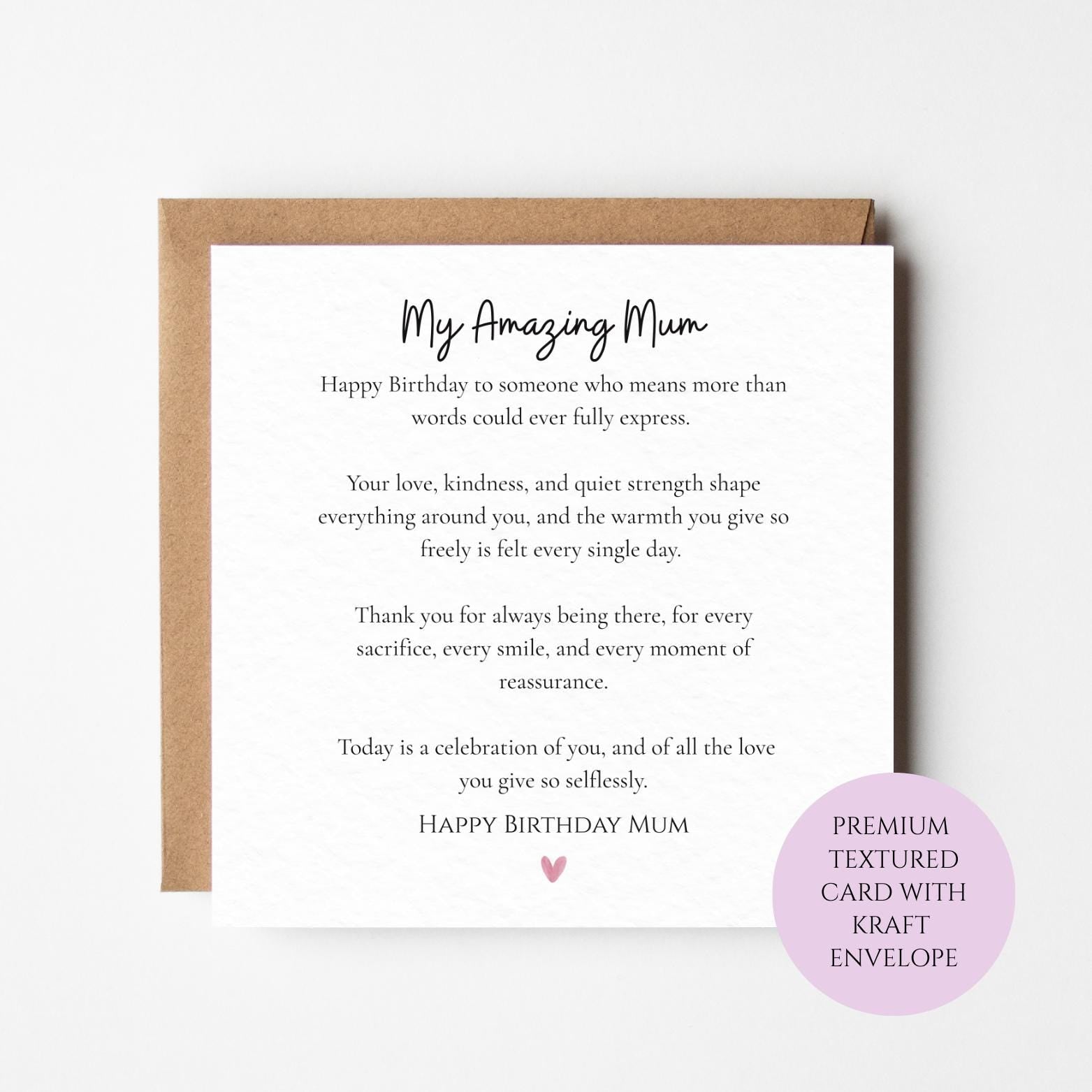 Birthday Card for Mum, Luxury Text Design, Pink Heart (Keepsake Size)