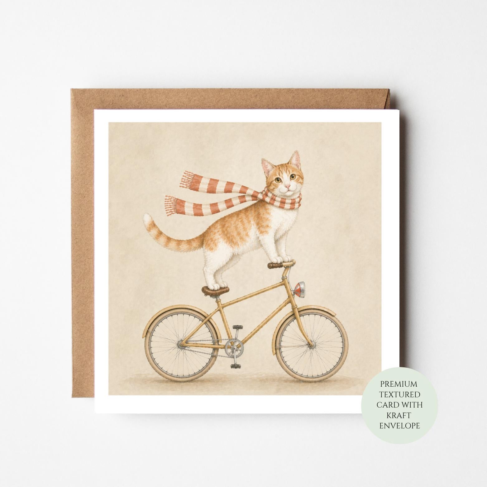 Cat Lover Birthday Card: Playful Cat on Bike - Textured Thick Cardstock