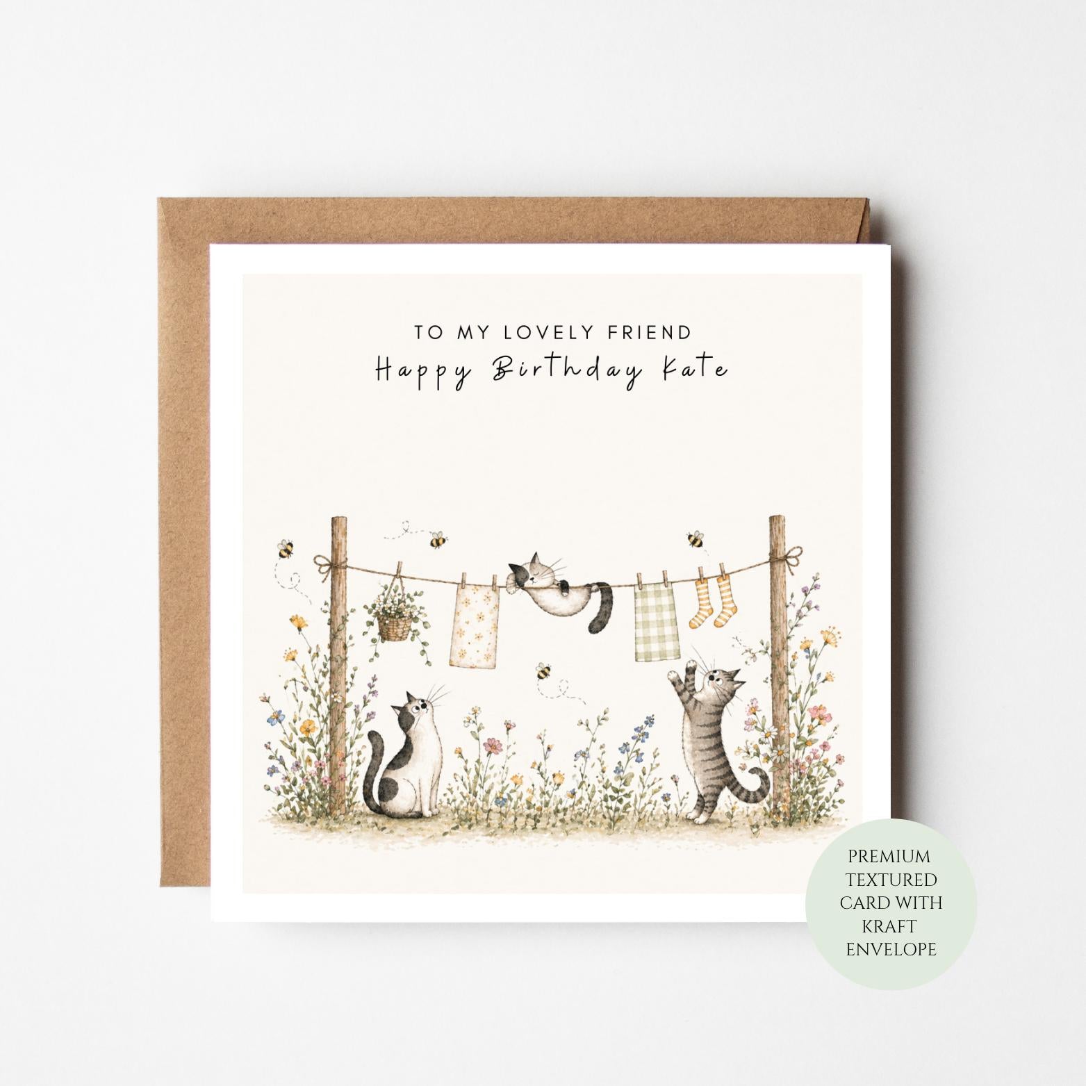 Cat Birthday Card: Washing Line Design, Textured Paper, Kraft Envelope