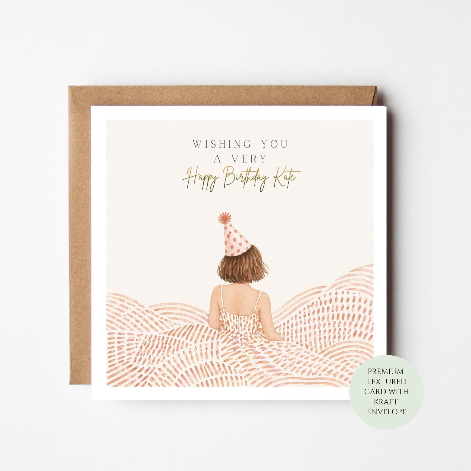 Birthday Card – Girl Party Hat Illustration, Textured Card with Kraft Envelope