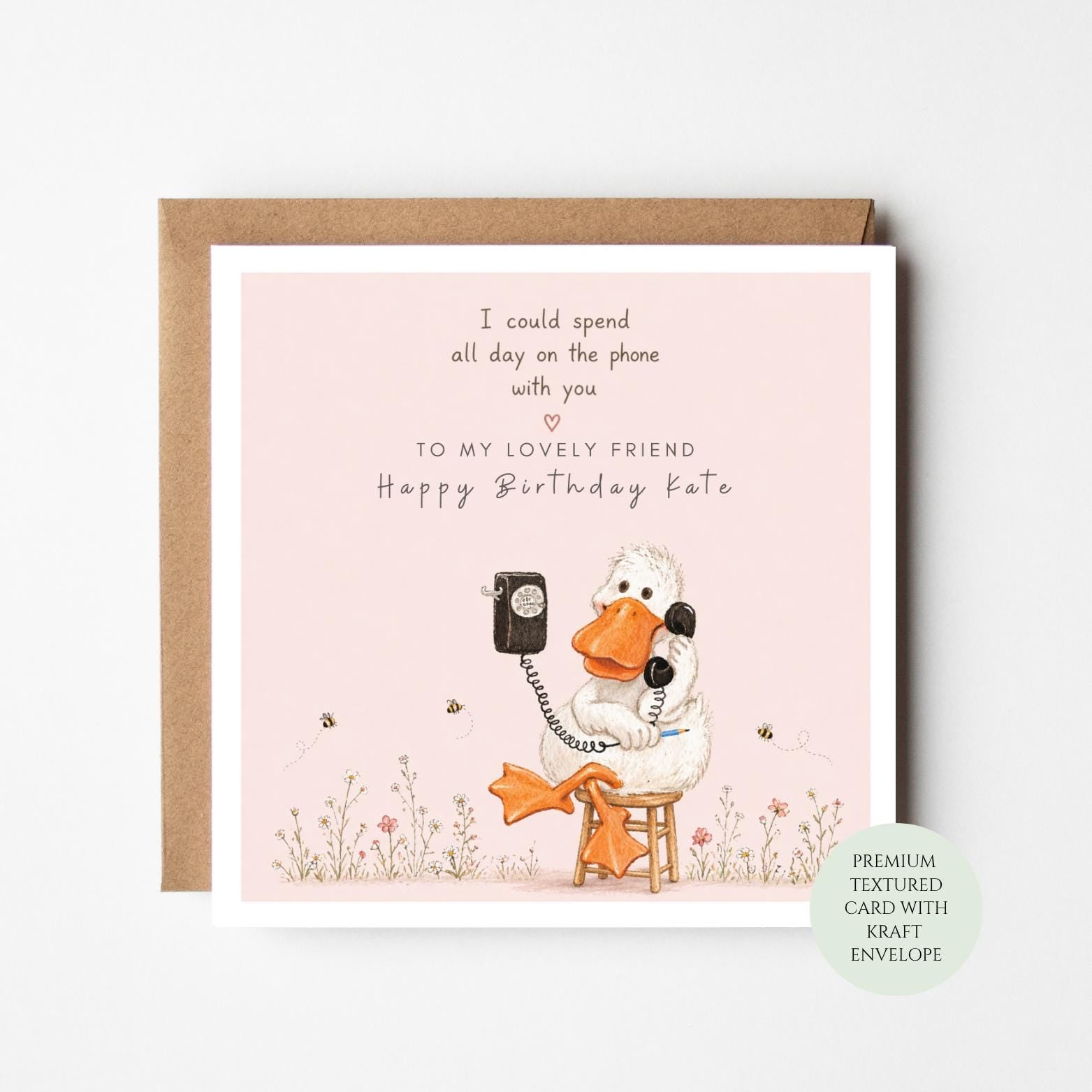 Friend Birthday Card, Duck on Phone, Flowers and Bees (Textured Paper)