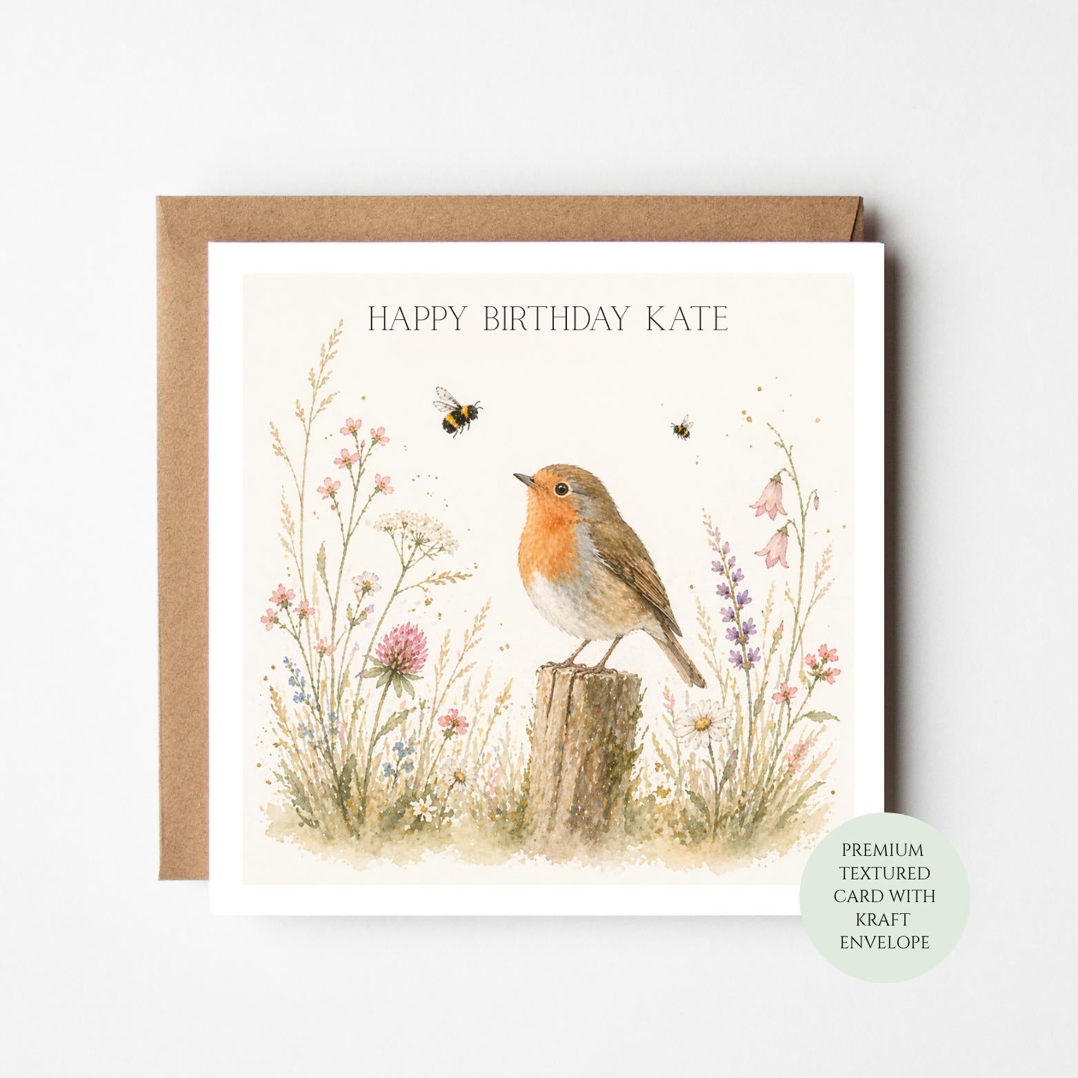Robin Birthday Card: Woodland Bird Illustration on Textured Paper with Kraft Envelope