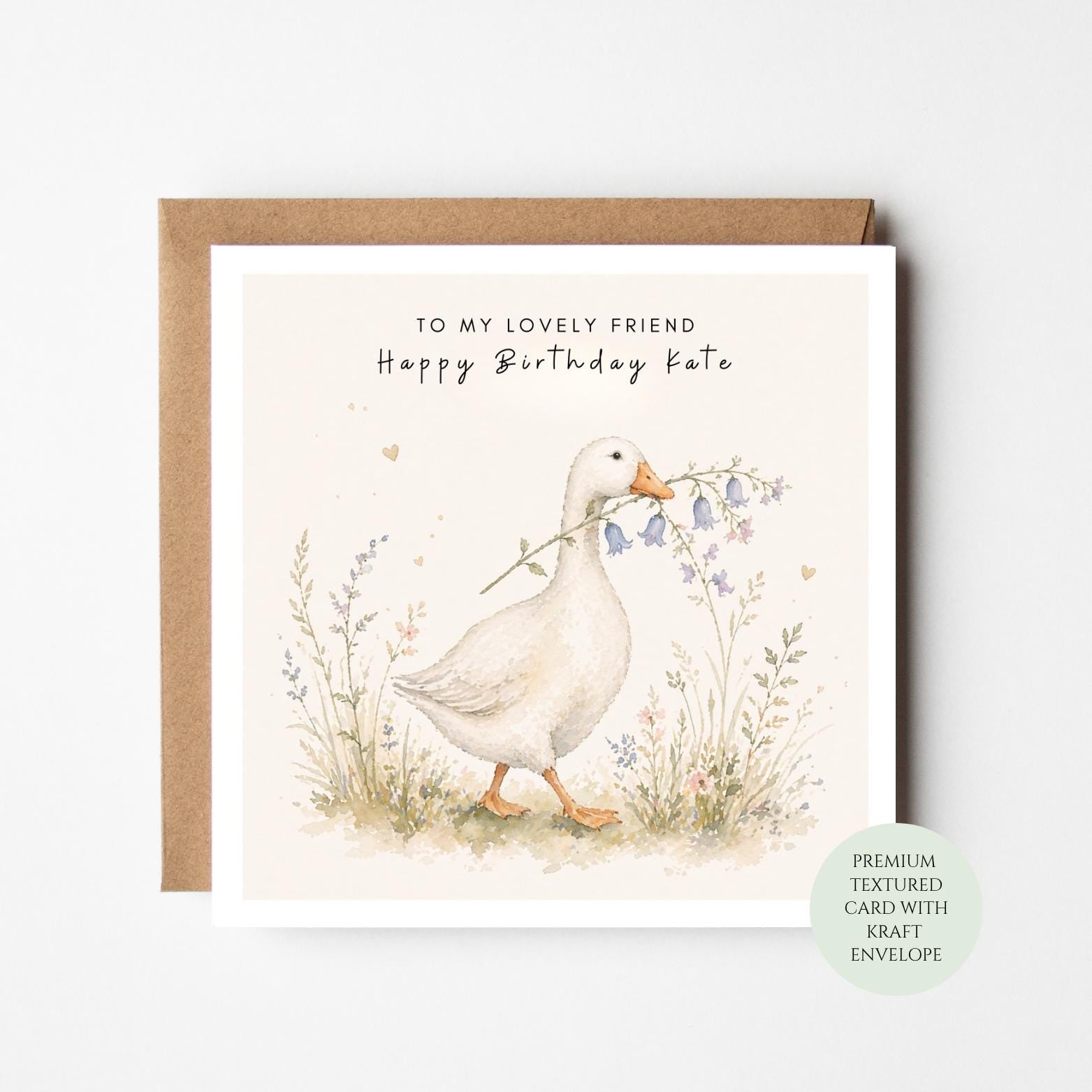 Goose Birthday Card: Watercolor Illustration, Textured Paper, Kraft Envelope