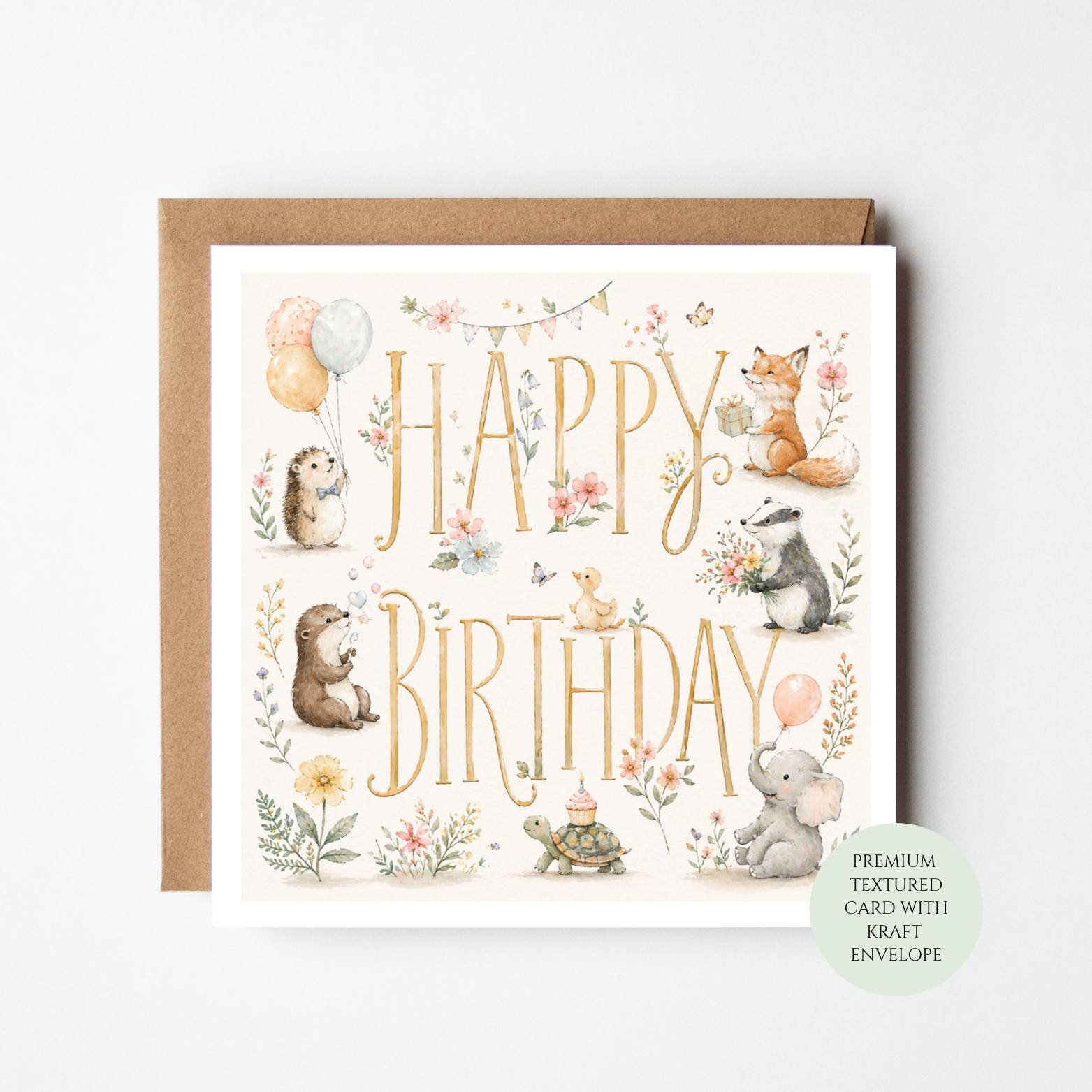 Woodland Animals Birthday Card: Rabbit, Bear, Elephant Illustrations (Textured Card, Kraft Envelope)