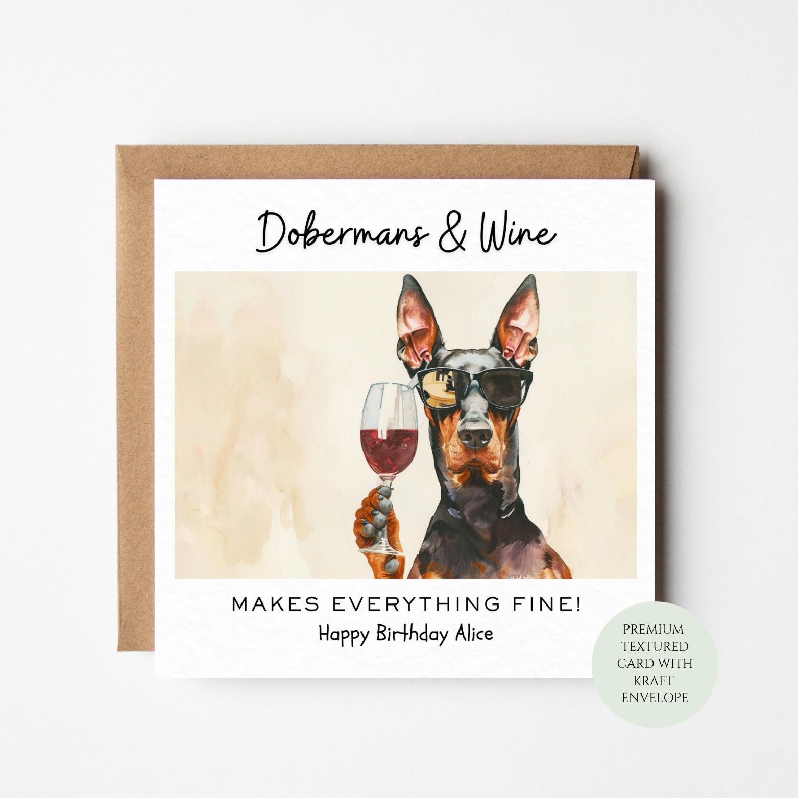 Doberman Birthday Card - Humorous Dog Lover Design with Wine