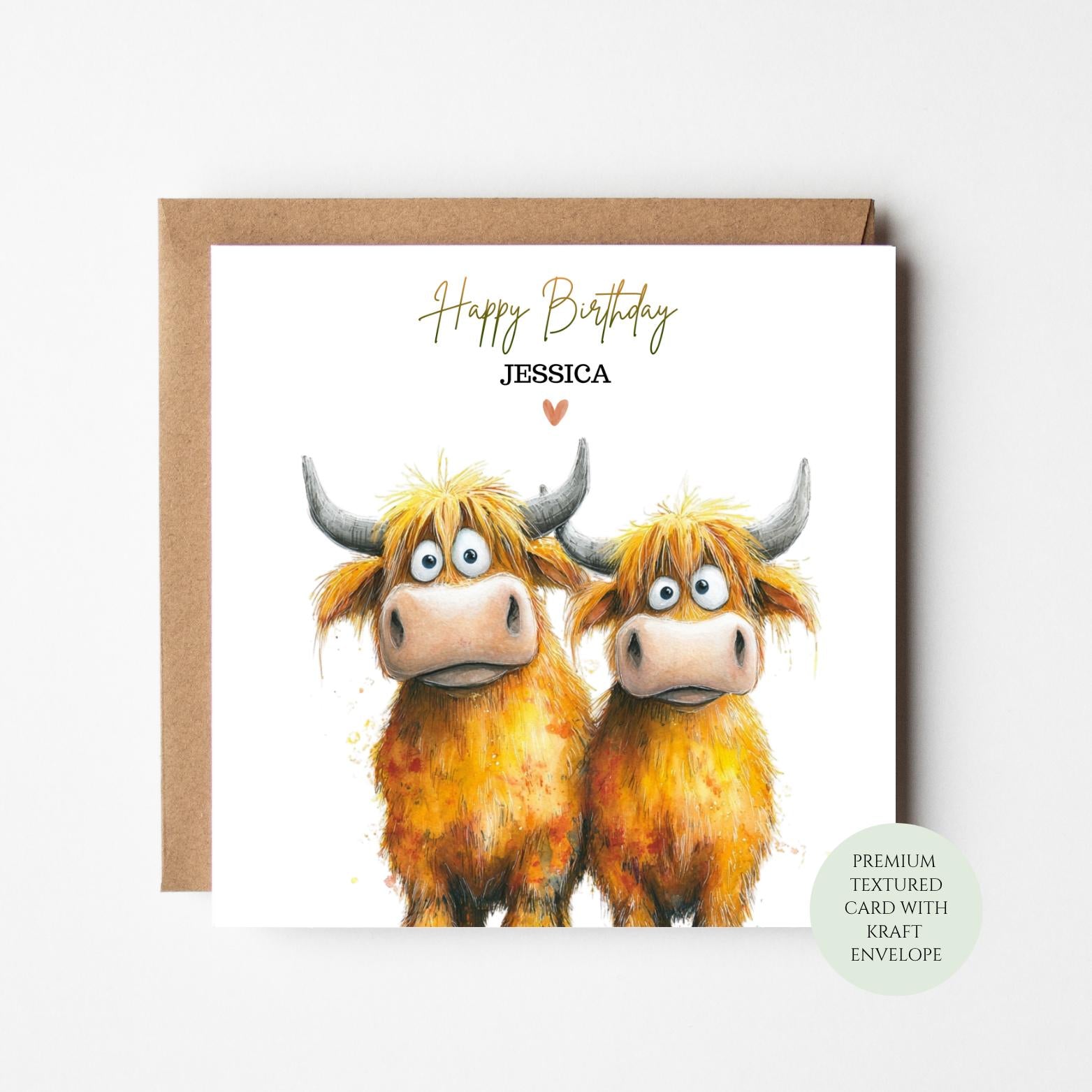 Funny Highland Cow Birthday Card: Textured Cardstock, Kraft Envelope
