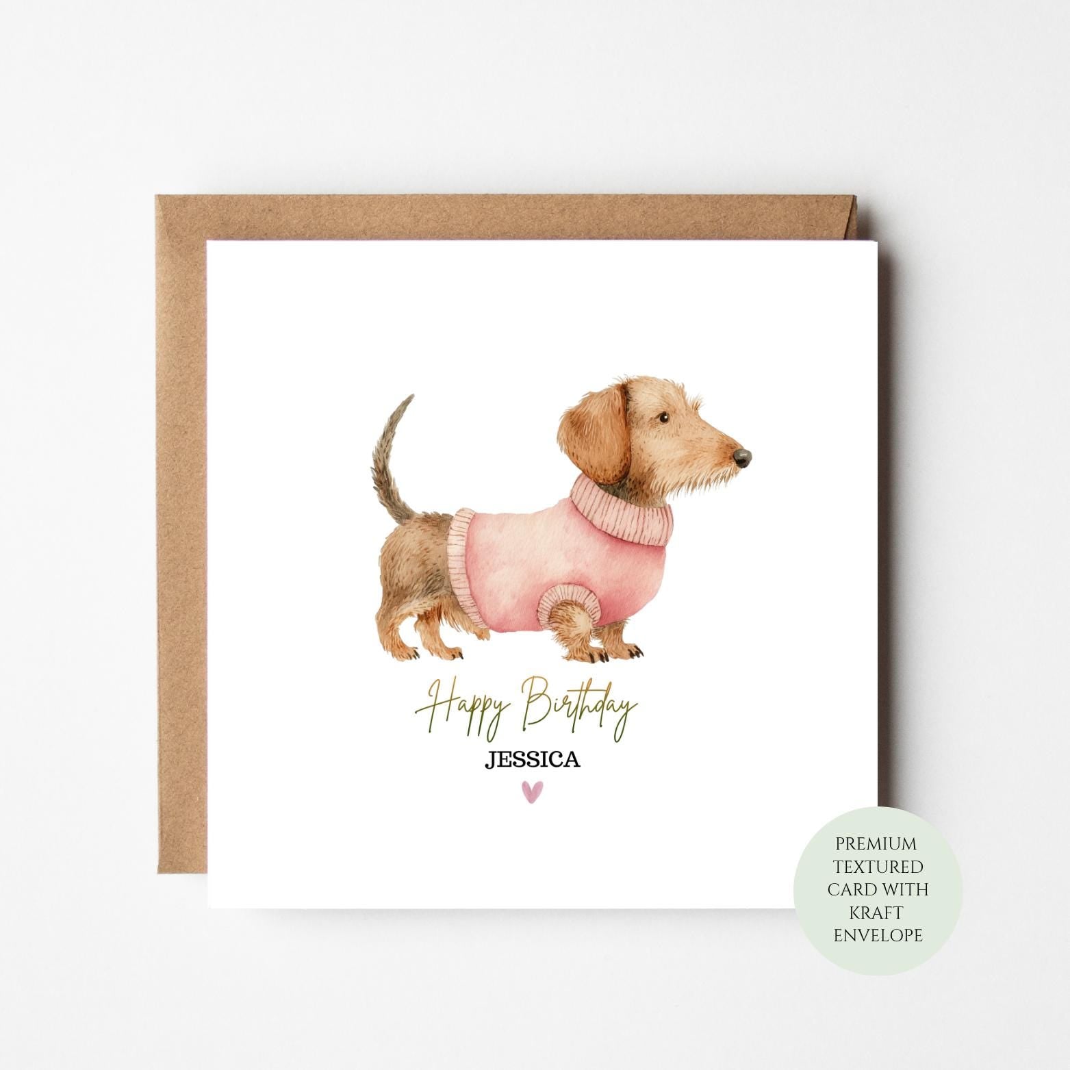 Textured Dog Birthday Card, Dachshund Puppy Design, Kraft Envelope