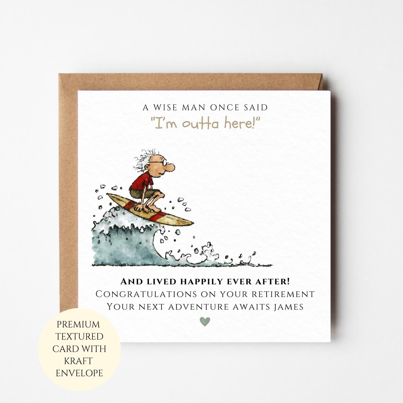 Funny Retirement Card for Him: Surfing Design, Textured Finish