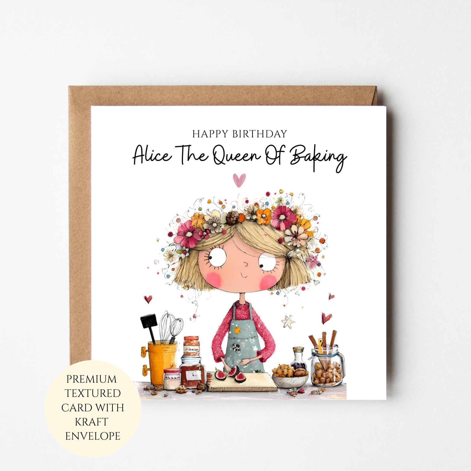 Personalised Baking Birthday Card: Queen Of Baking Theme, Textured Cardstock