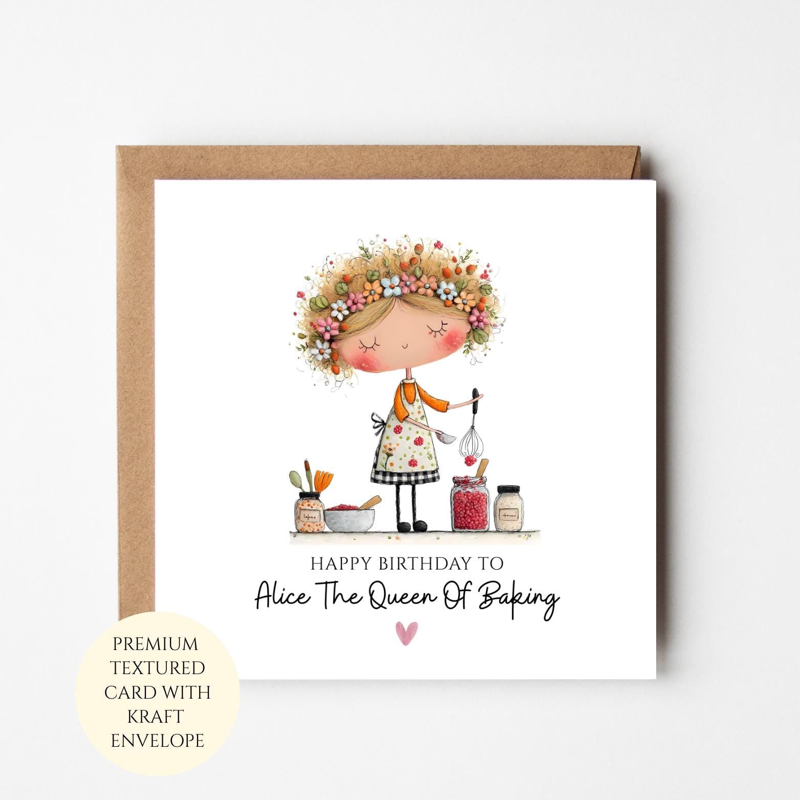 Birthday Card: Baking Queen Theme (Personalised, Includes Envelope)