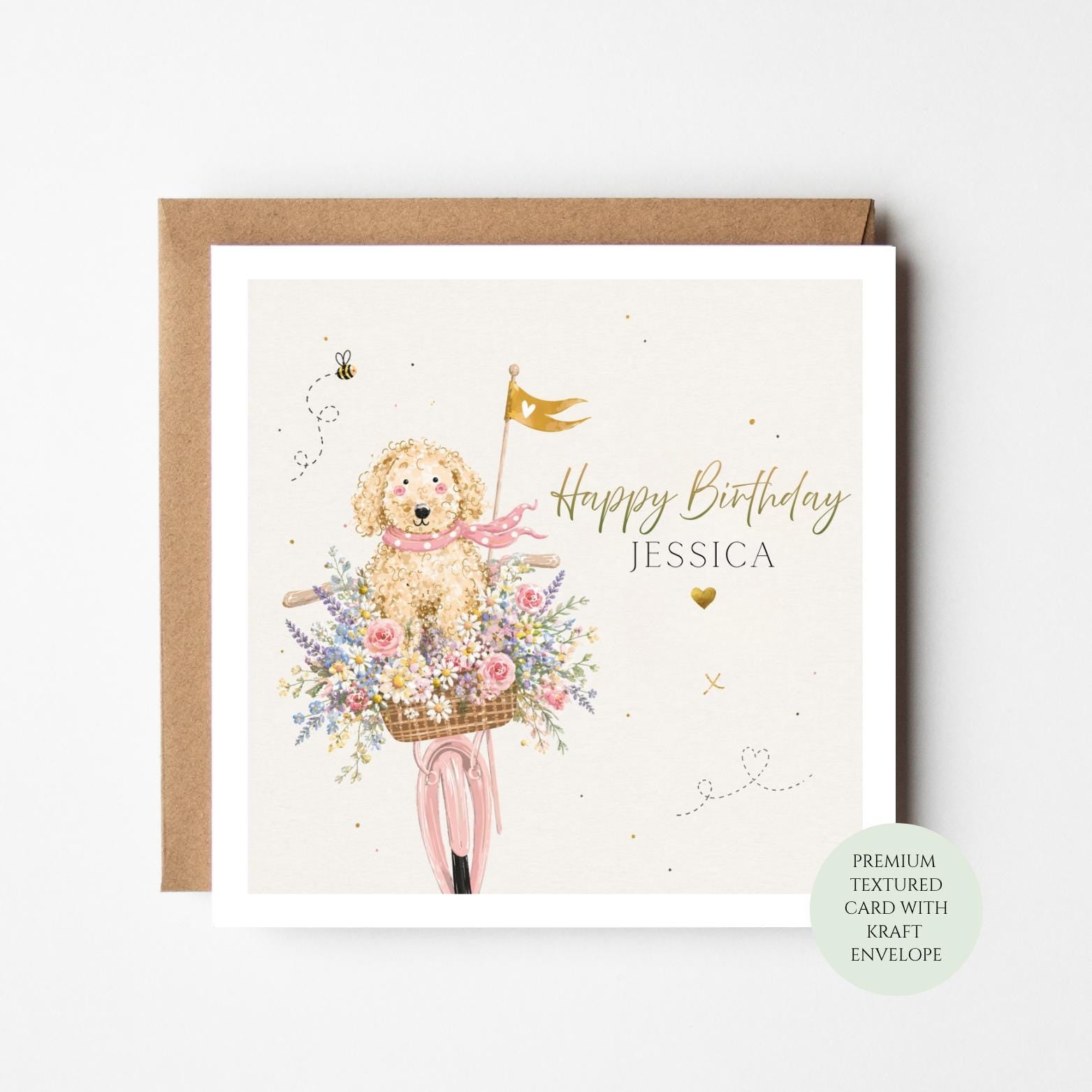 Personalised Cockapoo Birthday Card, Dog Bicycle Floral Greeting, Dog Lover Gift