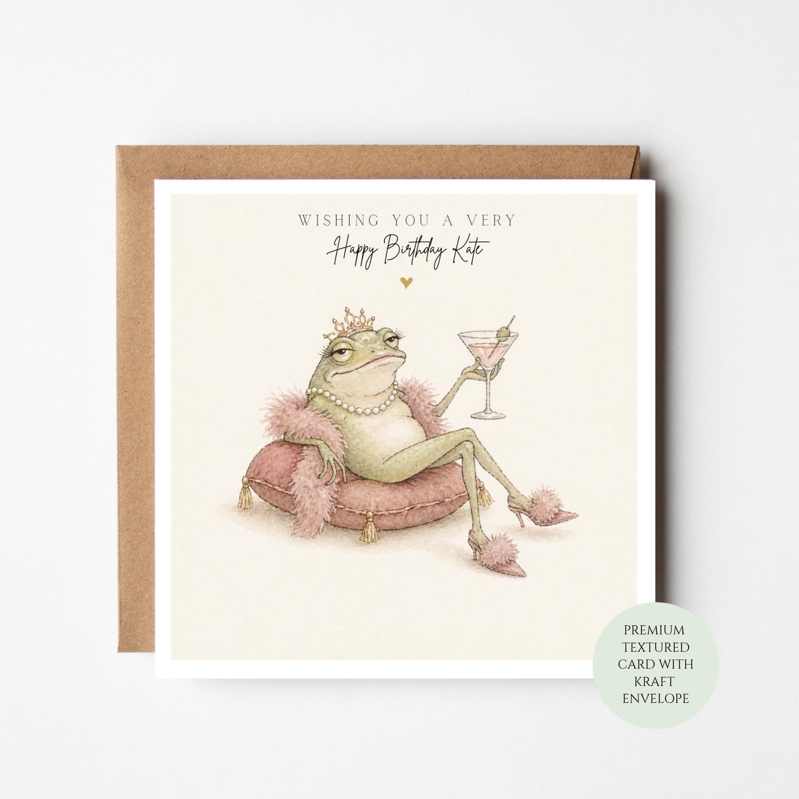 Personalised Frog Cocktail Birthday Card, Whimsical Funny Card for Her