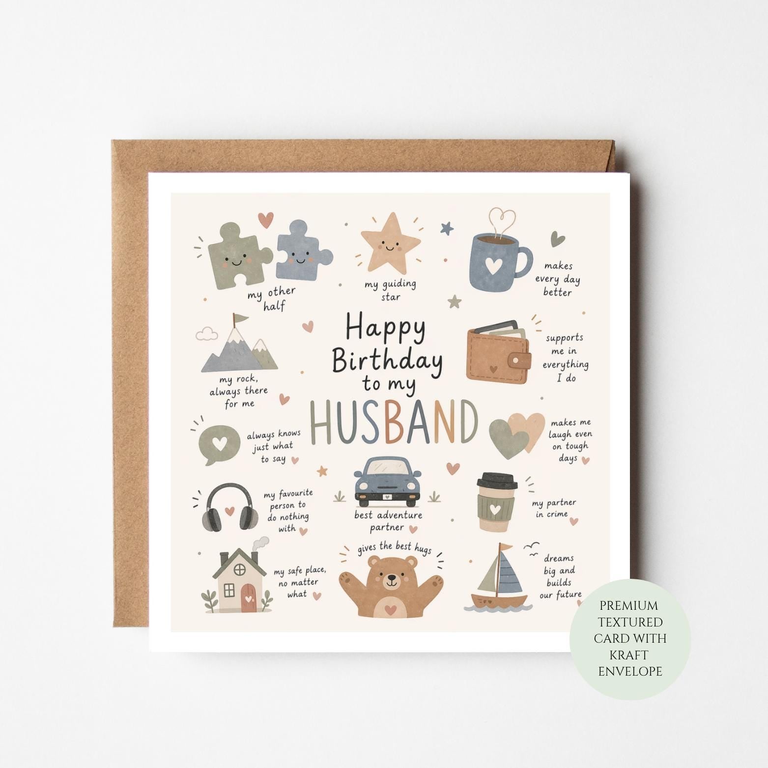 Happy Birthday Husband Card, Romantic Partner Love Message, Textured Card
