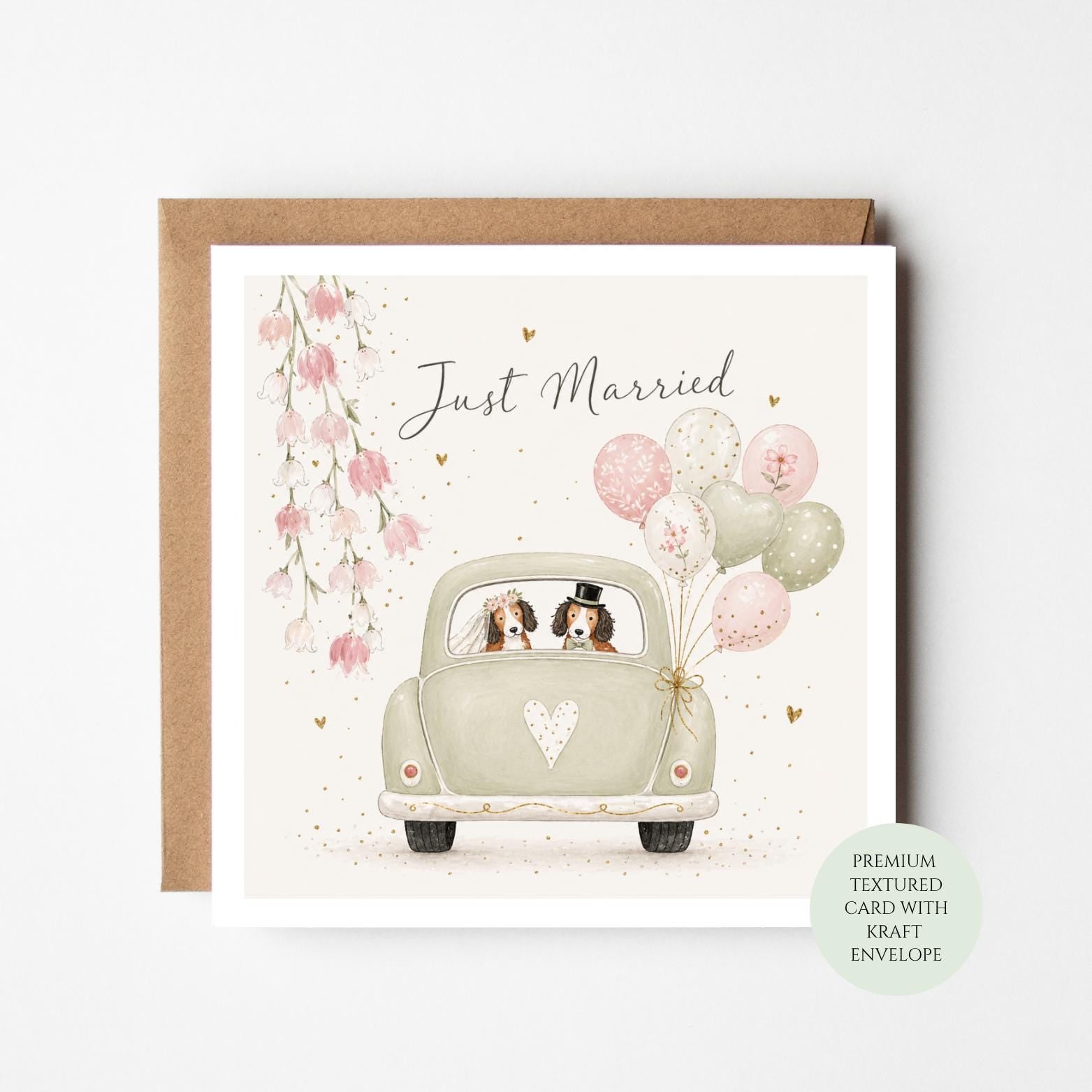 Just Married Dog Wedding Card, Bride Groom Canine Couple Congratulations