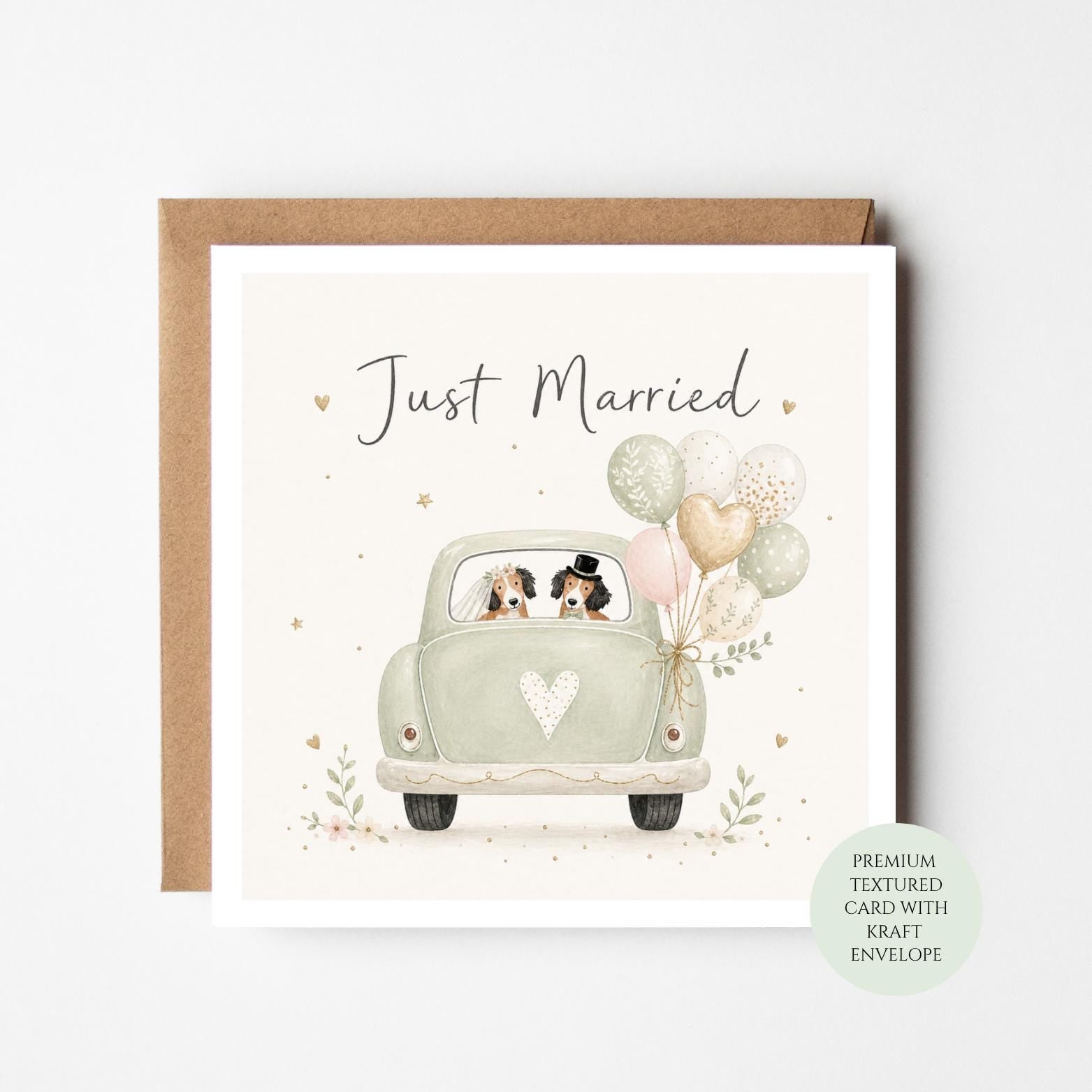 Just Married Dog Wedding Card, Bride Groom Canine Congratulations