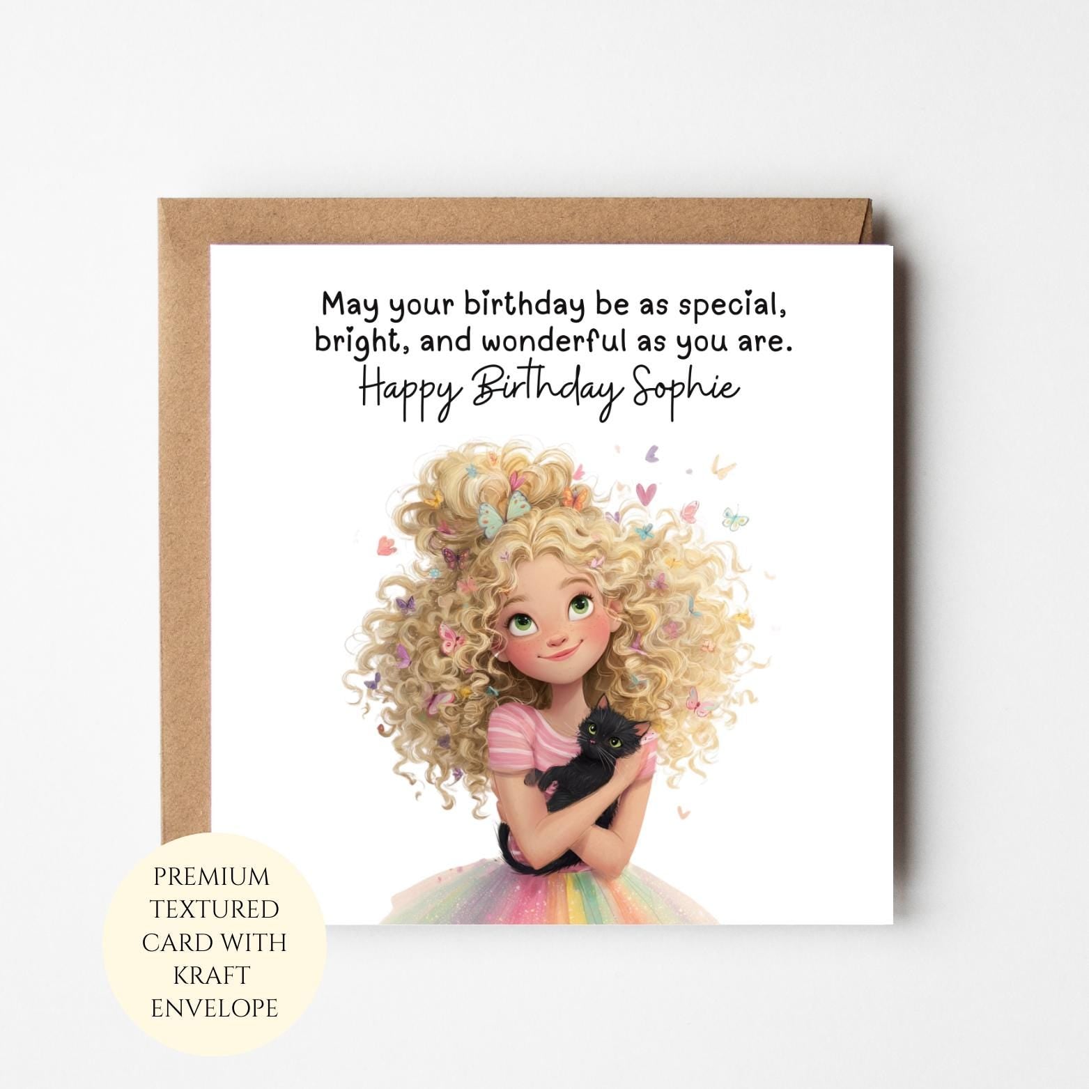 Personalised Girl With Black Cat Birthday Card For Her – Cat Lover Illustration