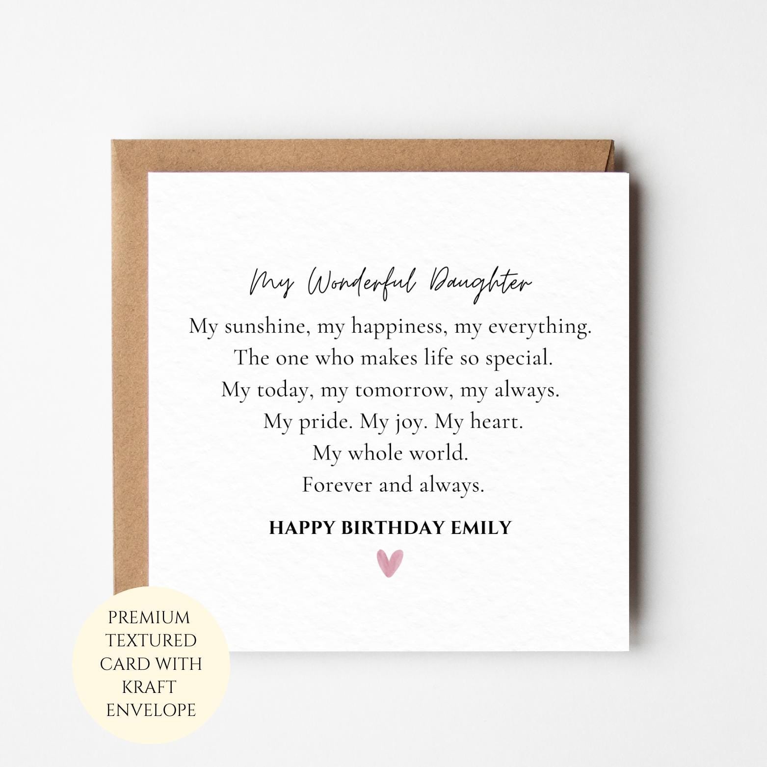 Personalised Birthday Card for Daughter from Mum Dad – Heartfelt Message, Kraft Envelope