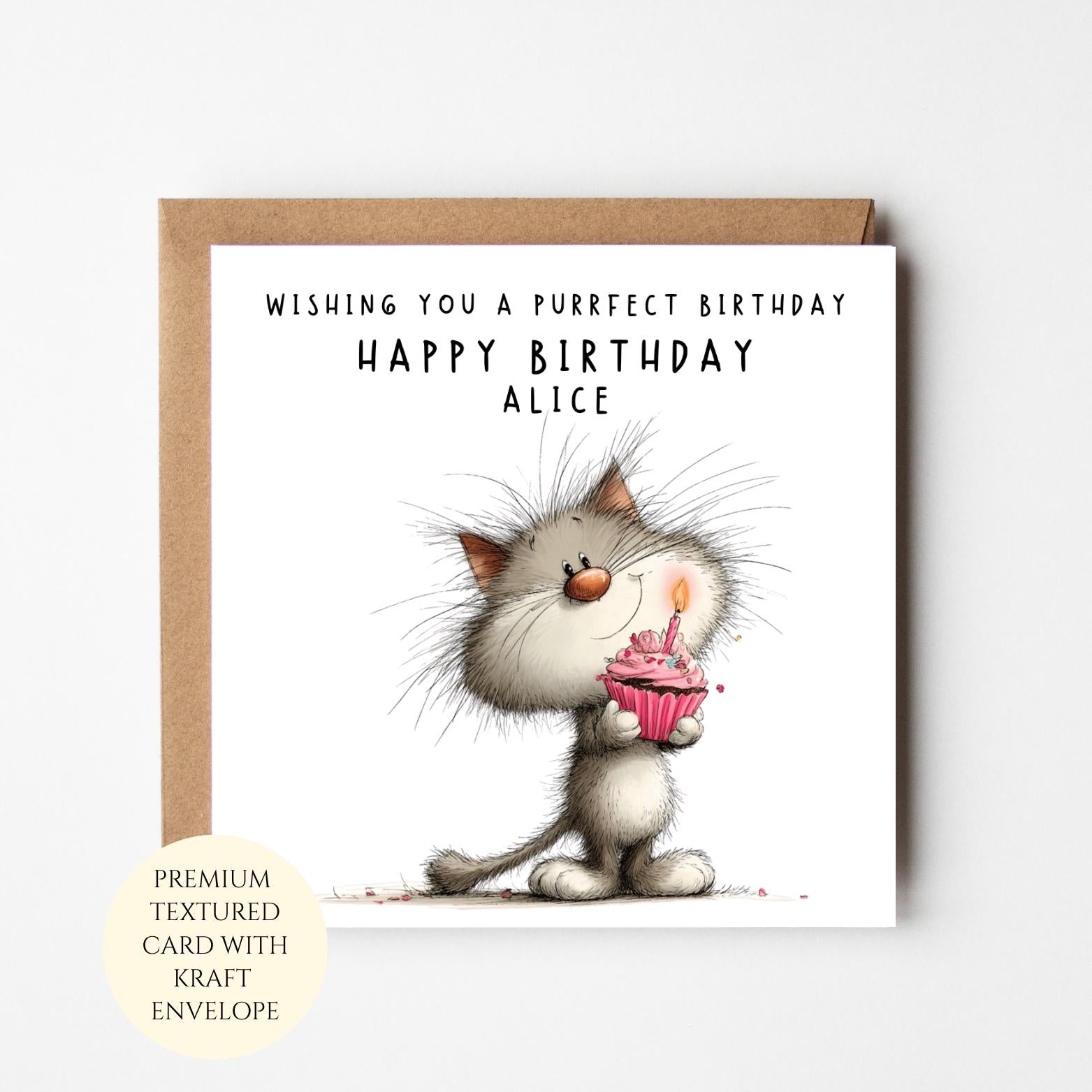 Personalised Cat Birthday Card: Kitten with Cupcake, For Her