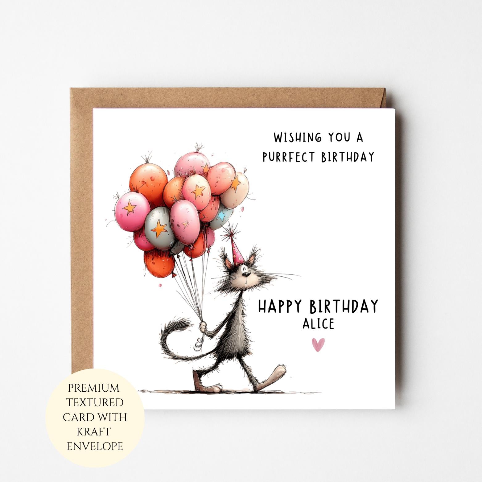 Personalised Cat Birthday Card: Whimsical Balloon Cat Illustration for Her