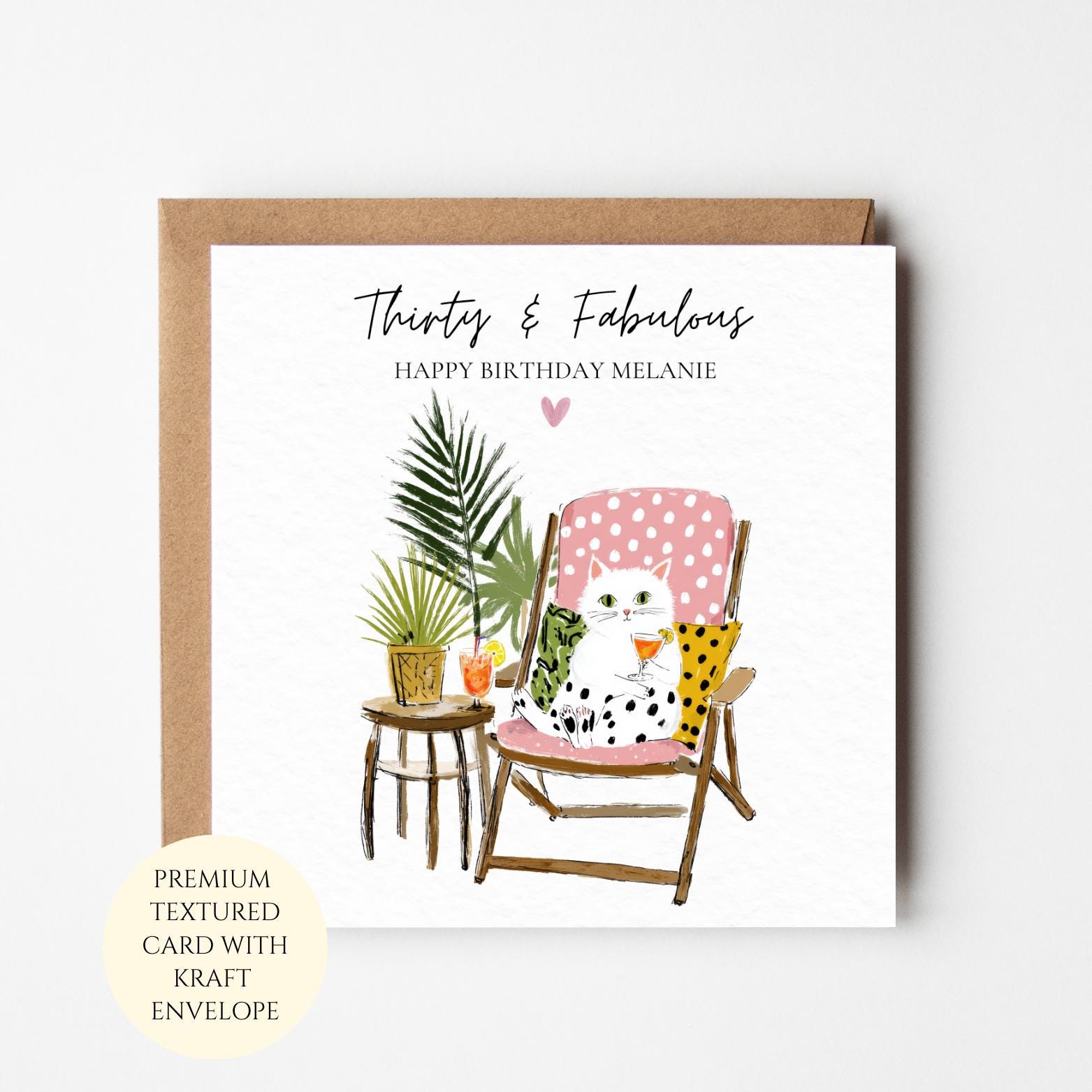 30th Birthday Card, Thirty and Cat Illustration, For Her Milestone Birthday