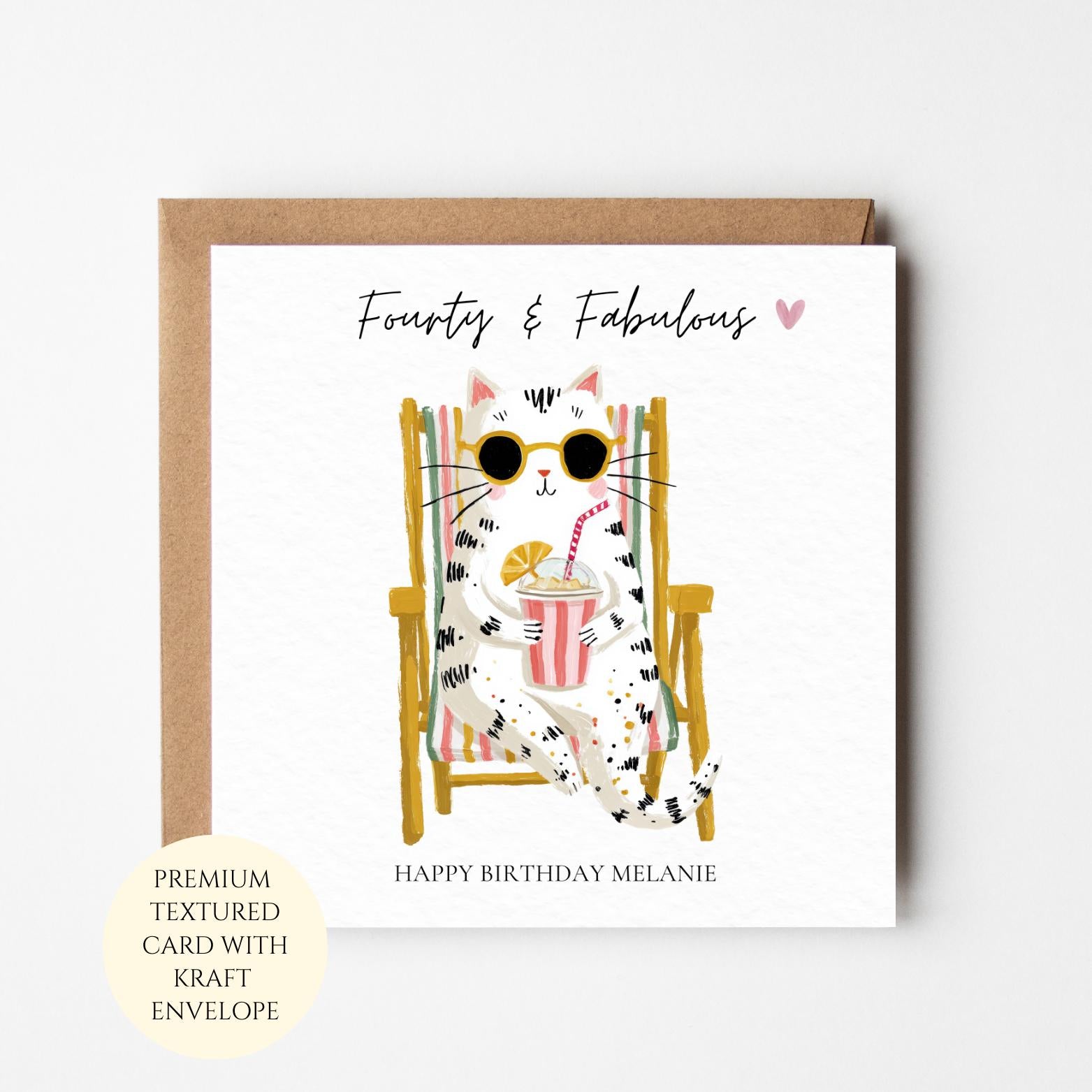 Personalised 40th Birthday Card, Cat Lover, Forty Greeting Card