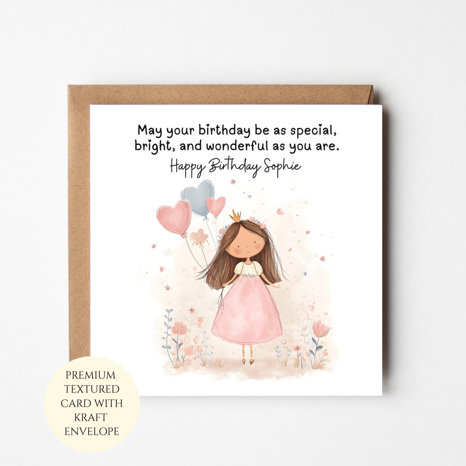 Princess Birthday Card: Girl with Cake, Balloons, Kraft Envelope